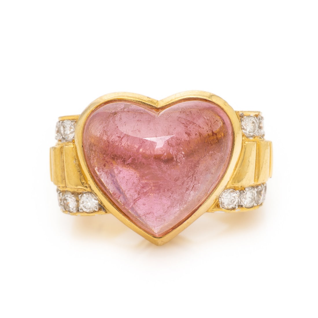 Pink Tourmaline, Diamond, and Yellow Gold Heart Ring: Pink Tourmaline, Diamond, and Yellow Gold Heart Ring Heart shape cabochon pink tourmaline measuring approximately 15.15 x 15.60 x 8.85 mm, and round brilliant cut diamonds weighing approximately 0.85 
