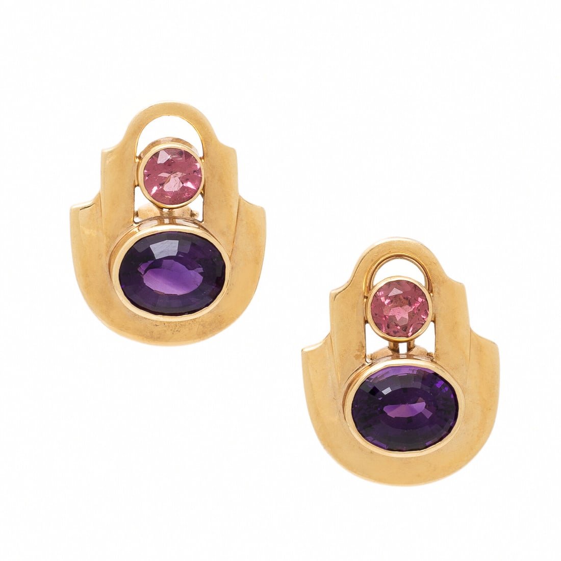 Gabriel Ofiesh, Amethyst, Pink Tourmaline, and Yellow Gold Earrings: Gabriel Ofiesh, Amethyst, Pink Tourmaline, and Yellow Gold Earrings Oval checkerboard faceted amethysts and round pink tourmalines. 14 karat yellow gold. 7/8 inch long. Stamp: OFIESH 14K. Gross weight