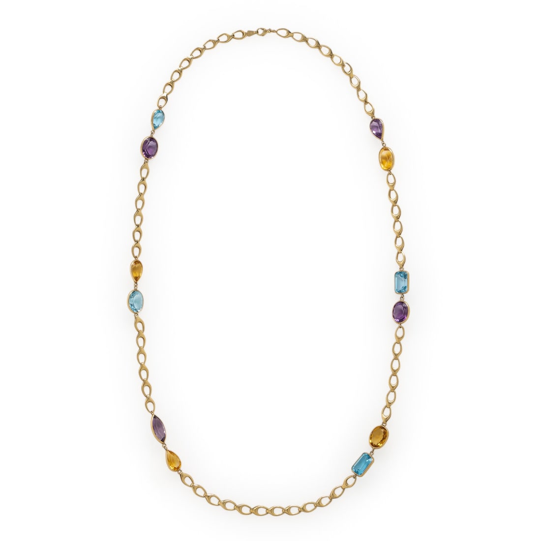 Amethyst, Citrine, Blue Topaz, and Yellow Gold Necklace: Amethyst, Citrine, Blue Topaz, and Yellow Gold Necklace Oval, pear shape, and marquise cut amethyst, blue topaz, and citrine. 14 karat yellow gold. 31 1/2 inches long. Stamp: 14KT ES 585. Gross weight