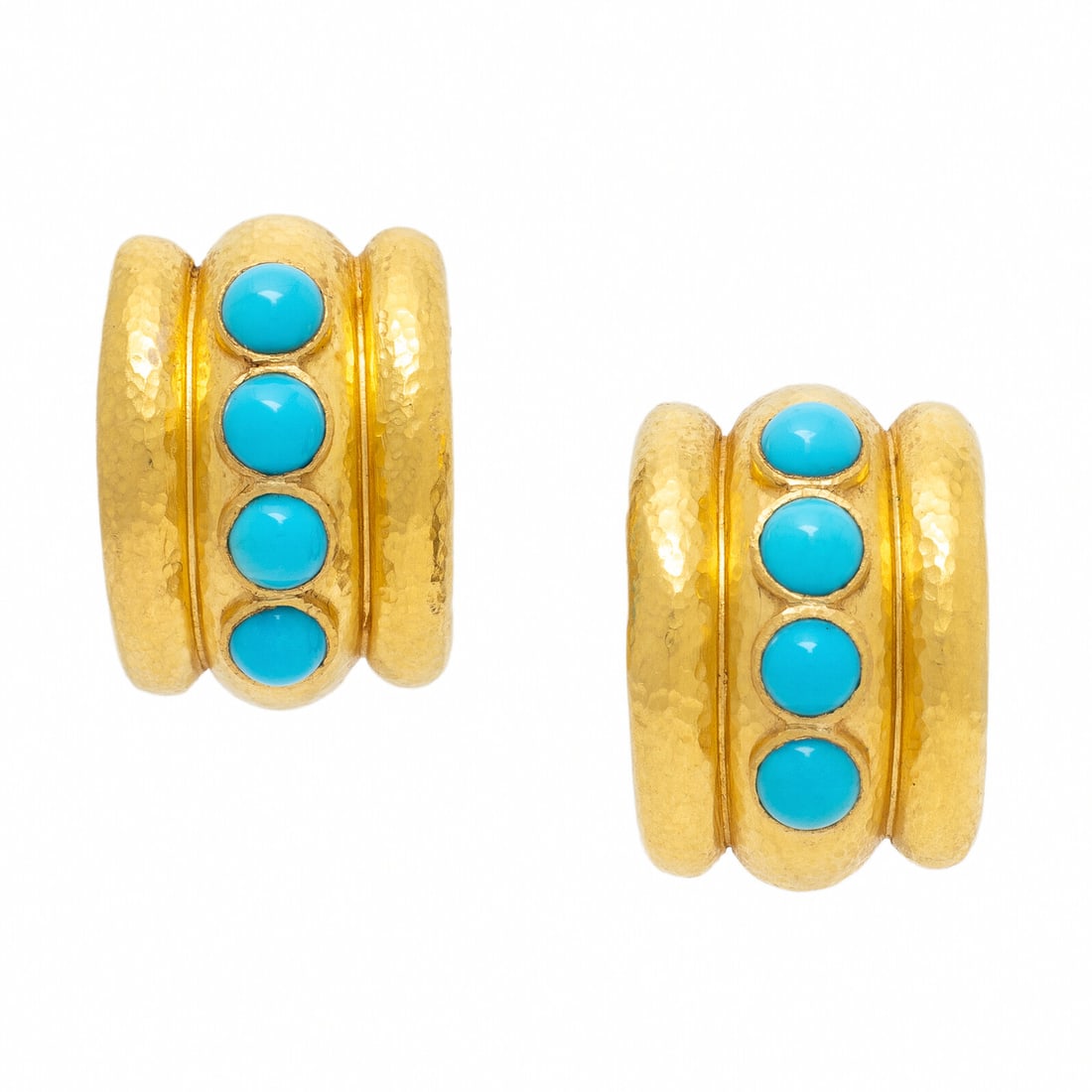 Elizabeth Locke, Yellow Gold and Turquoise Half Hoop Earrings: Elizabeth Locke, Yellow Gold and Turquoise Half Hoop Earrings Round cabochon turquoise. Hammered 19 karat yellow gold. 7/8 inch long. Stamp: (maker's mark) 19K. Gross weight: 12.85 dwt. Jewels from a 