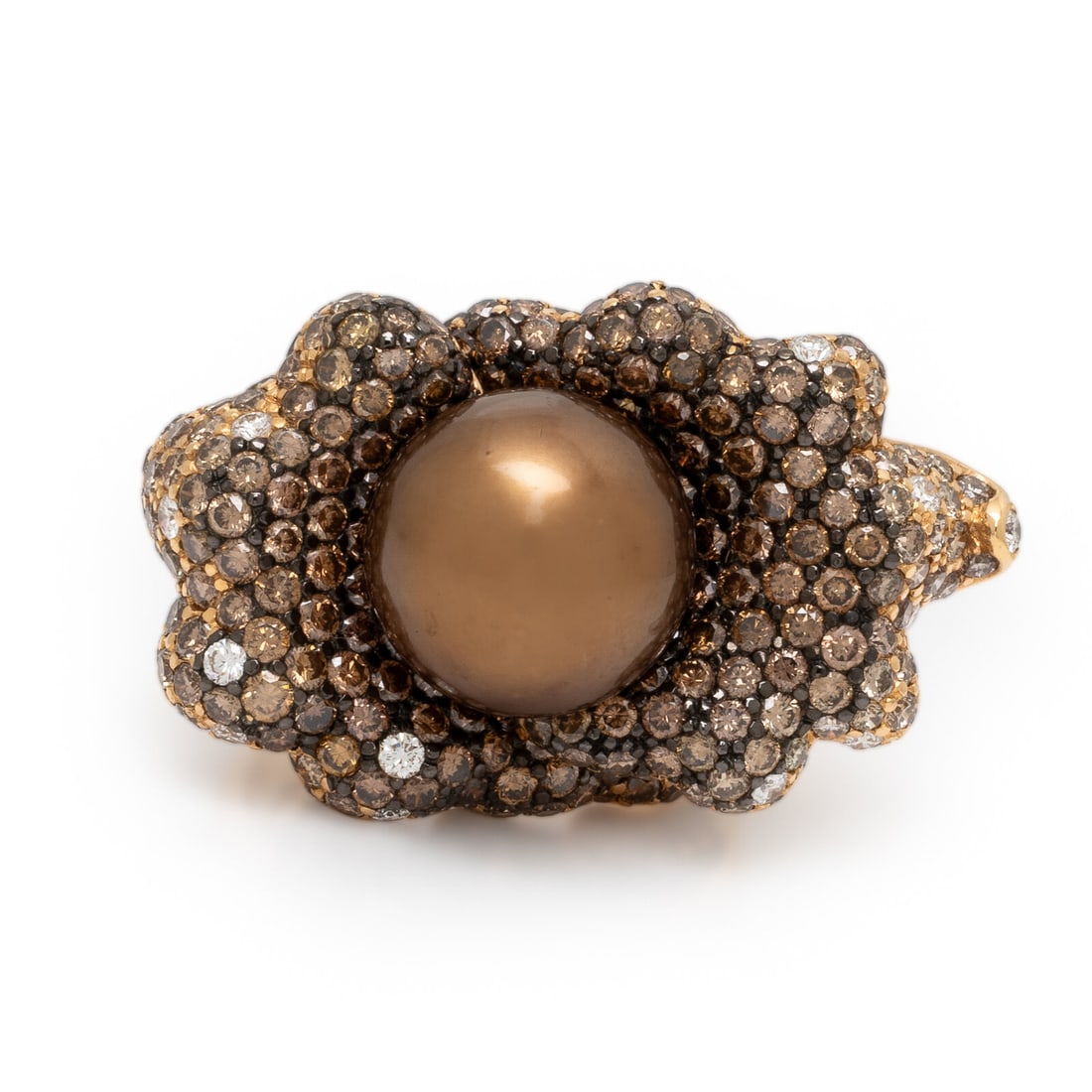 Rodney Rayner, 'Wave,' Brown Cultured Pearl, Colored Diamond, and Yellow Gold Flower Ring (1 of 4)