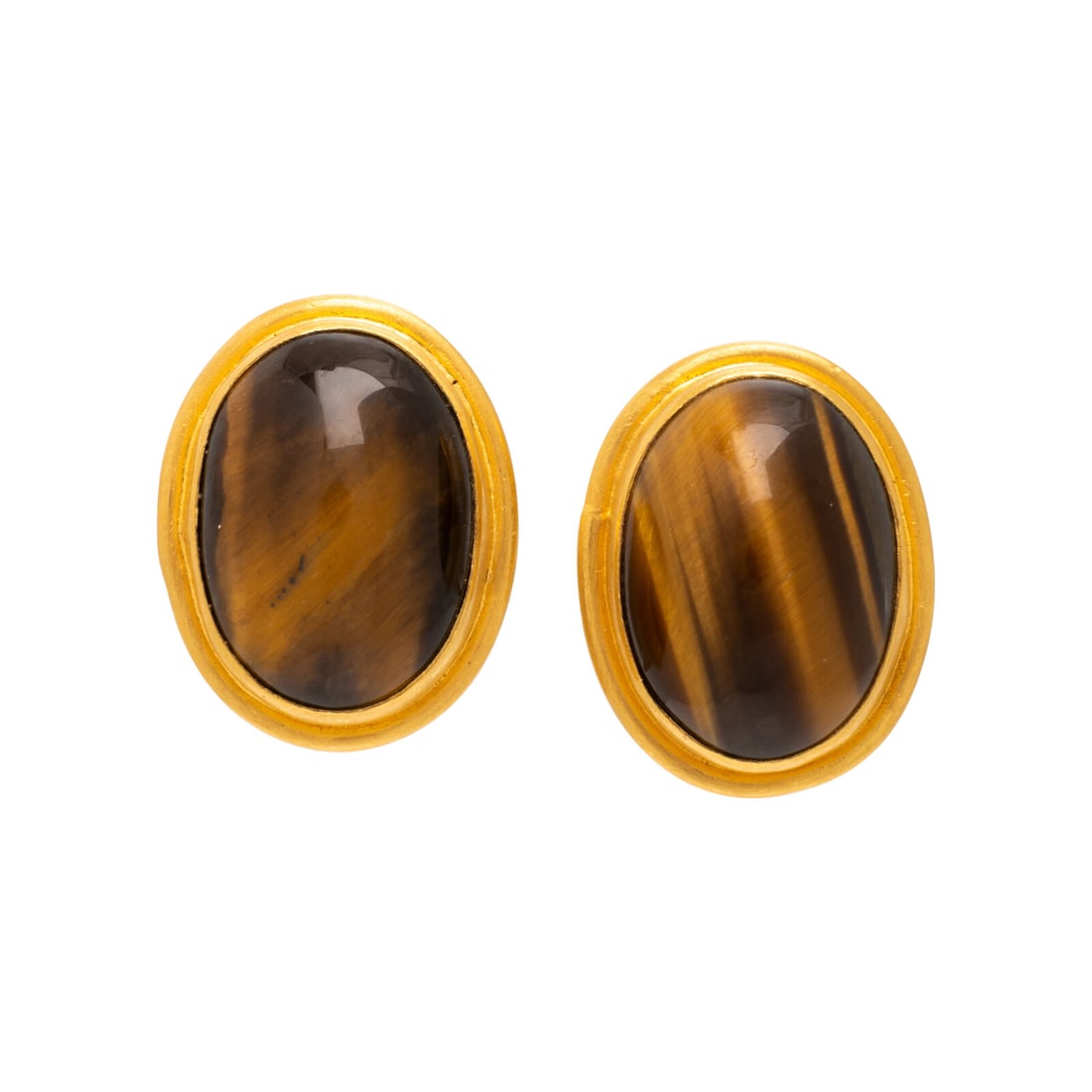Yossi Harari, Tiger's Eye and Yellow Gold Earrings: Yossi Harari, Tiger's Eye and Yellow Gold Earrings Oval cabochon tiger's eye measuring approximately 17.30 x 12.50 mm. 24 karat yellow gold. 7/8 inch long. Stamp: YOSSI 24K. Gross weight: 11.10 dwt. P