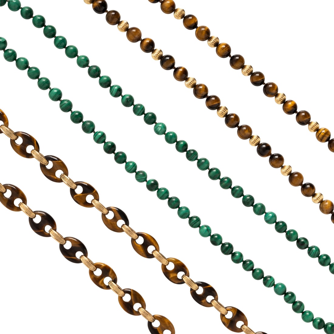 Two Tiger's Eye and Yellow Gold Beaded Necklaces, and One Malachite Beaded Necklace (1 of 4)