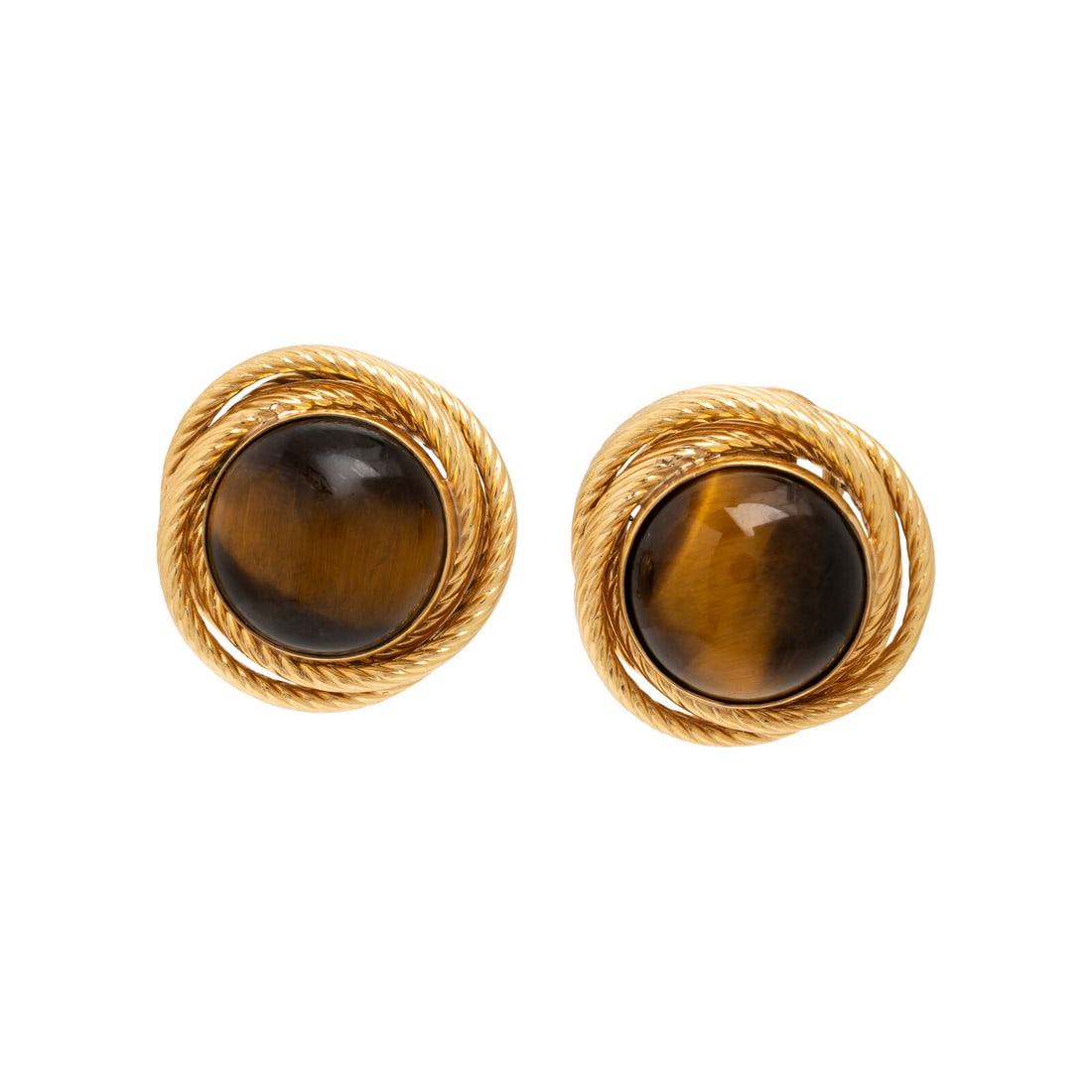Tiger's Eye Quartz and Yellow Gold Earrings: Tiger's Eye Quartz and Yellow Gold Earrings Round cabochon tiger's eye measuring approximately 11.35 mm. 14 karat yellow gold. 3/4 inch long. Stamp: D14K. Gross weight: 4.80 dwt. Property from the Col