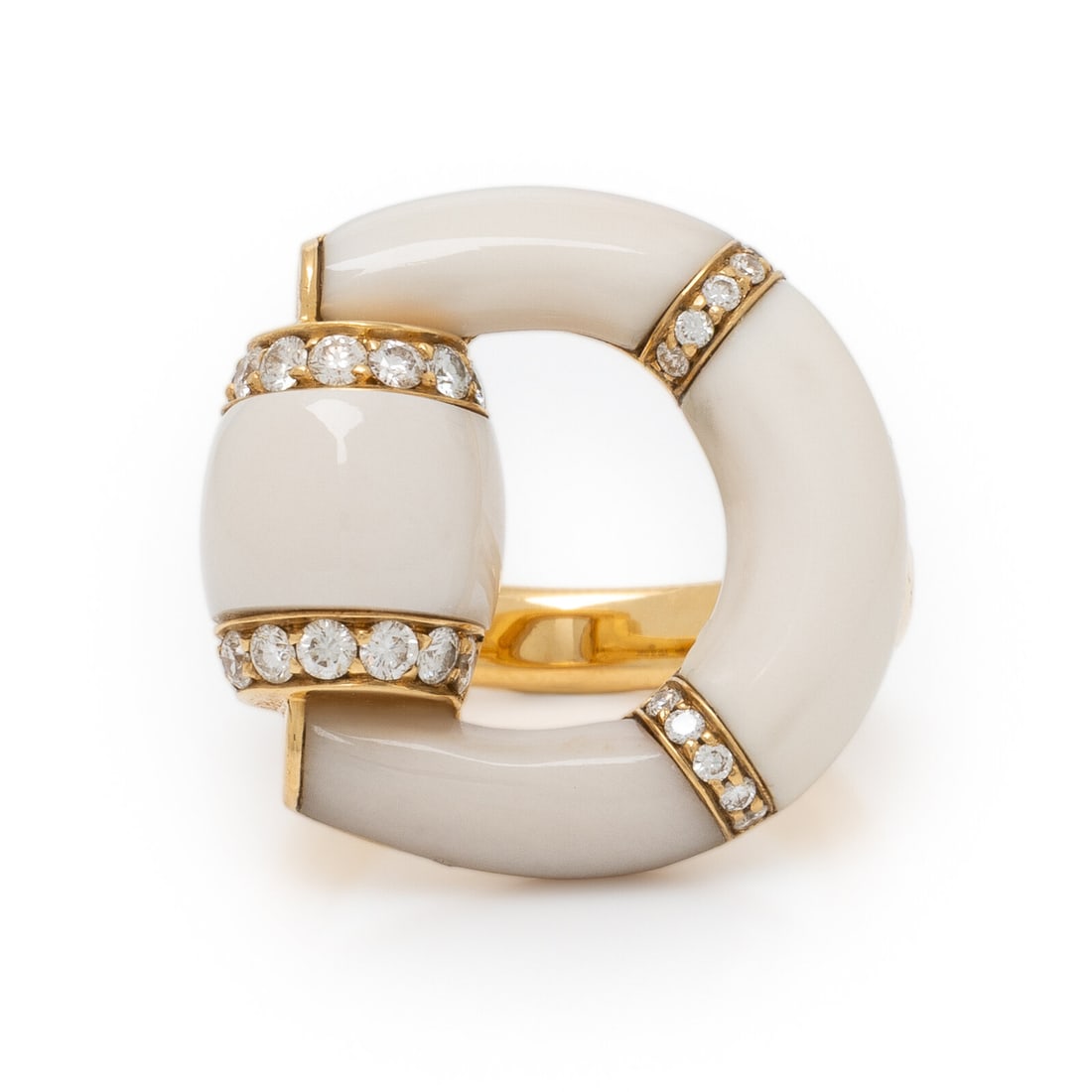 Gucci, 'Horsebit', White Chalcedony, Diamond, and Yellow Gold Ring: Gucci, 'Horsebit', White Chalcedony, Diamond, and Yellow Gold Ring Carved white chalcedony and round brilliant cut diamonds. 18 karat yellow gold. Ring size 6 1/4. Stamp: GUCCI made in Italy 750 (Ital