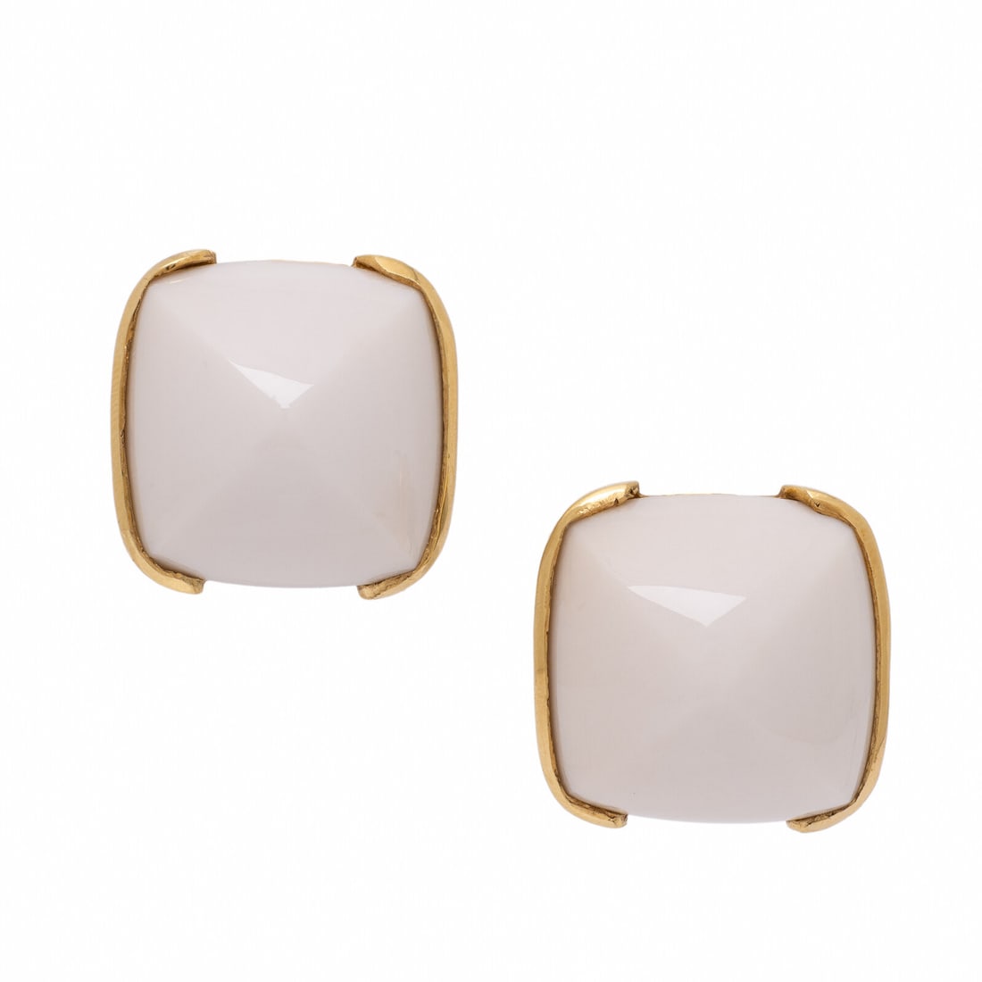 White Chalcedony and Yellow Gold Earrings: White Chalcedony and Yellow Gold Earrings Carved pyramidal white chalcedony measuring approximately 21.15 x 21.15 mm. Yellow gold. 7/8 inch wide. Gross weight: 16.60 dwt.
