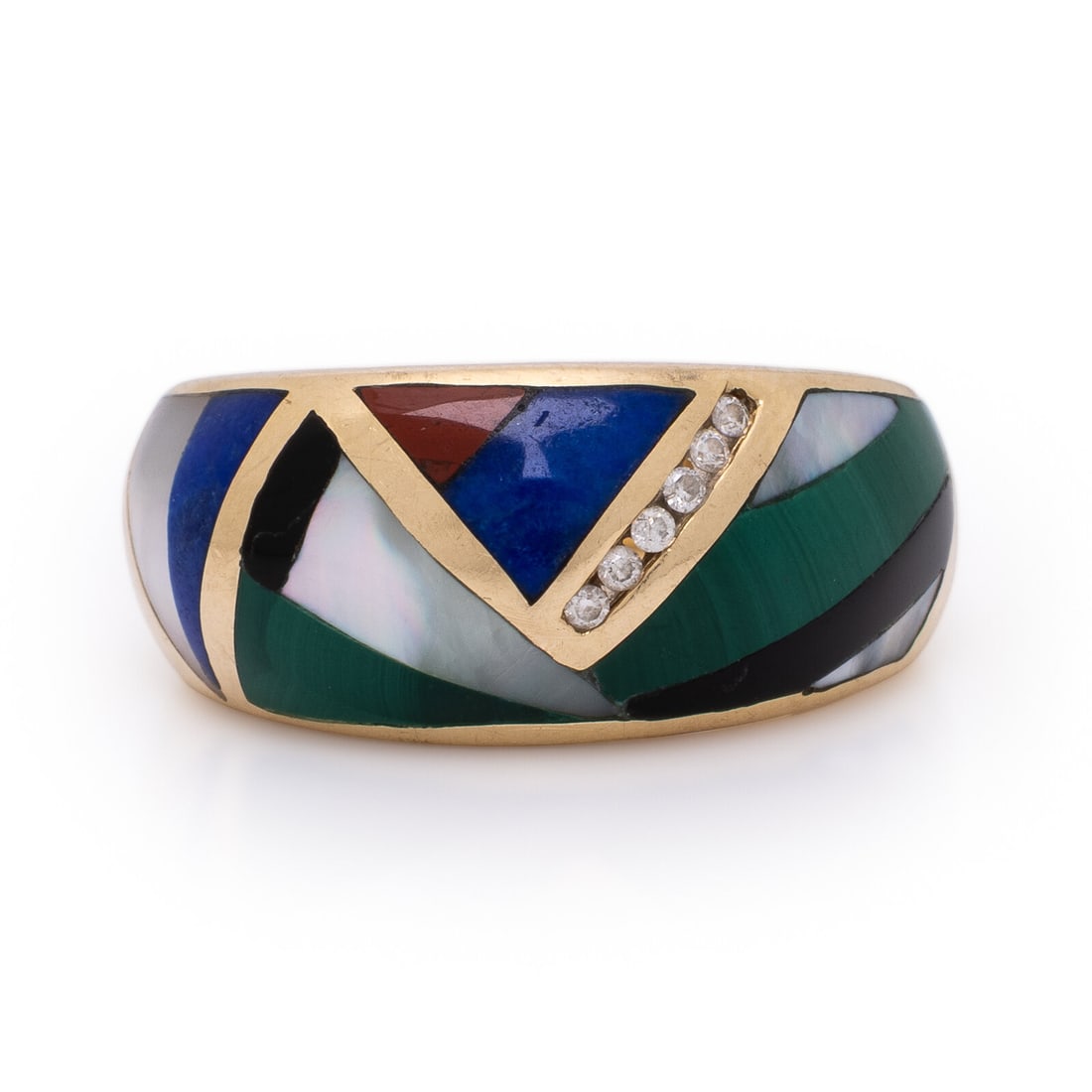 Hardstone, Diamond, and Yellow Gold Ring: Hardstone, Diamond, and Yellow Gold Ring Lapis lazuli, mother-of-pearl, coral, onyx, and malachite inlay, and round brilliant cut diamonds. 14 karat yellow gold. Ring size 7 1/4. Stamp: 14K ash. Gross