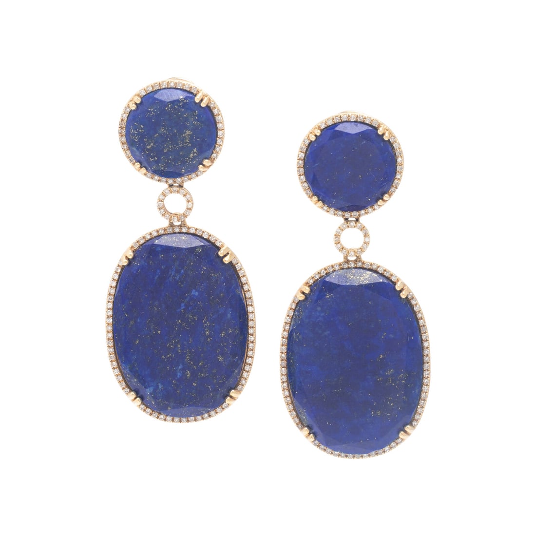 Dabakarov, Lapis Lazuli, Diamond, and Yellow Gold Pendant Earrings: Dabakarov, Lapis Lazuli, Diamond, and Yellow Gold Pendant Earrings Round faceted lapis lazuli measuring approximately 11.75 x 11.75 mm, oval faceted lapis lazuli measuring approximately 25.00 x 18.00 