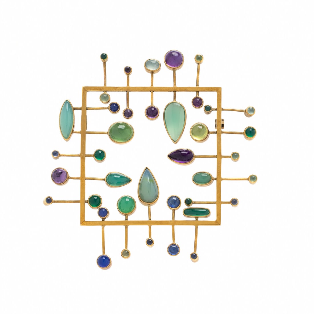 Wendy Ramshaw, Yellow Gold and Multigem Brooch: Wendy Ramshaw, Yellow Gold and Multigem Brooch Variously shaped cabochon amethyst, sapphire, chrysoprase, Peruvian opal, and peridot. 18 karat yellow gold. 2 5/8 x 2 1/2 inches. Stamp: WR 18 (British 