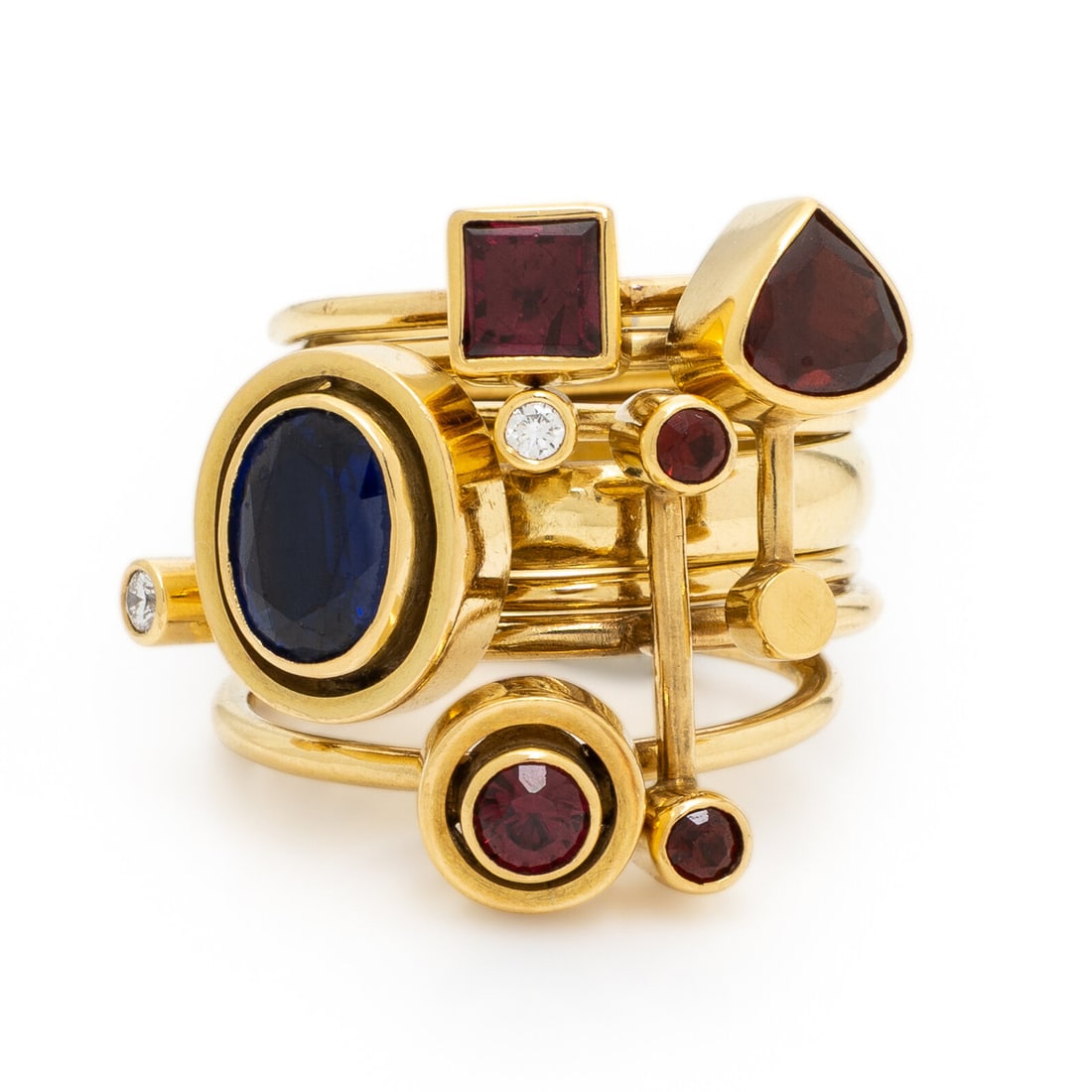 Wendy Ramshaw, Ring Set of Seven Yellow Gold, Garnet, Diamond, and Sapphire Stacking Rings (1 of 3)