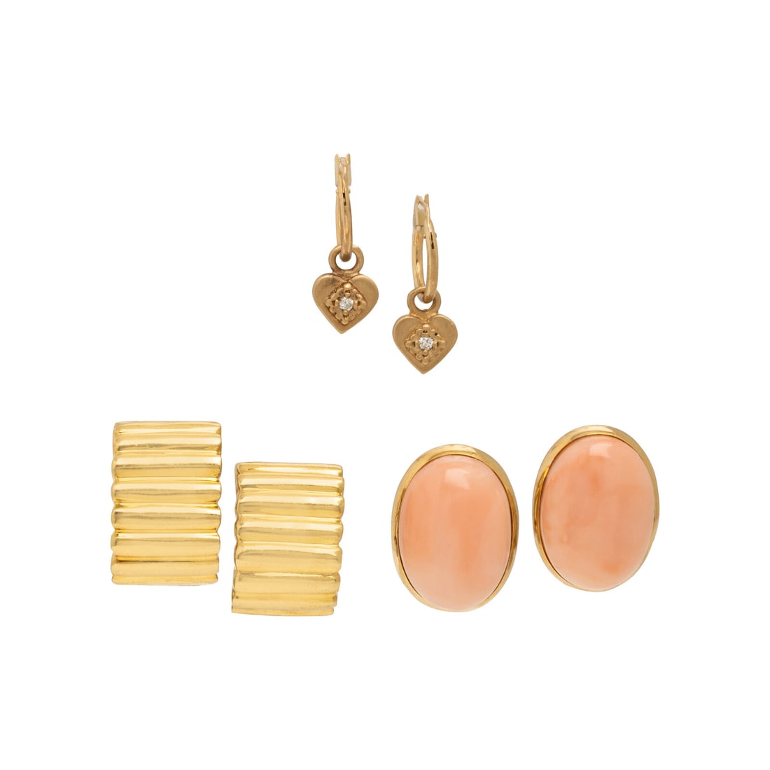 Three Pairs of Yellow Gold Earrings: Three Pairs of Yellow Gold Earrings One pair of earrings set with oval cabochon coral measuring approximately 18.00 x 13.05 x 6.25 mm, one pair of heart earrings with round brilliant cut diamonds, and