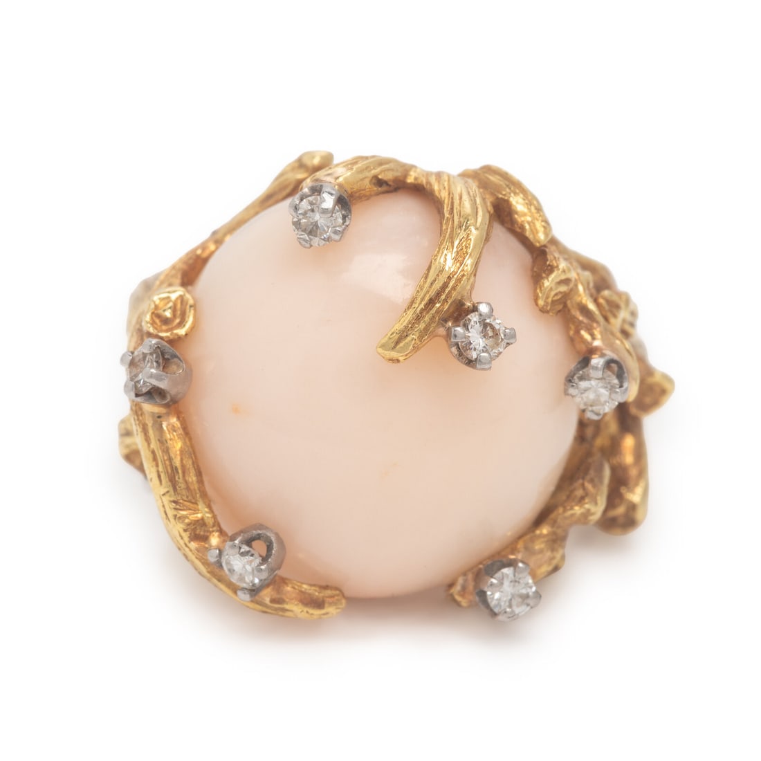 Angelskin Coral, Diamond, and Yellow Gold Ring: Angelskin Coral, Diamond, and Yellow Gold Ring Round cabochon angelskin coral measuring approximately 15.25 x 15.25 mm and round brilliant cut diamonds. Yellow gold. Ring size 5 3/4. Gross weight: 8.6