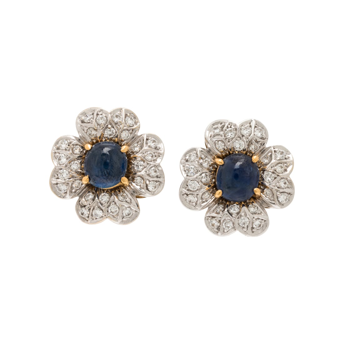 Diamond, Sapphire, and White Gold Flower Earrings: Diamond, Sapphire, and White Gold Flower Earrings Round brilliant cut diamonds weighing approximately 0.95 carat total, and oval cabochon sapphires measuring approximately 7.10 x 6.50 mm. 18 karat yel