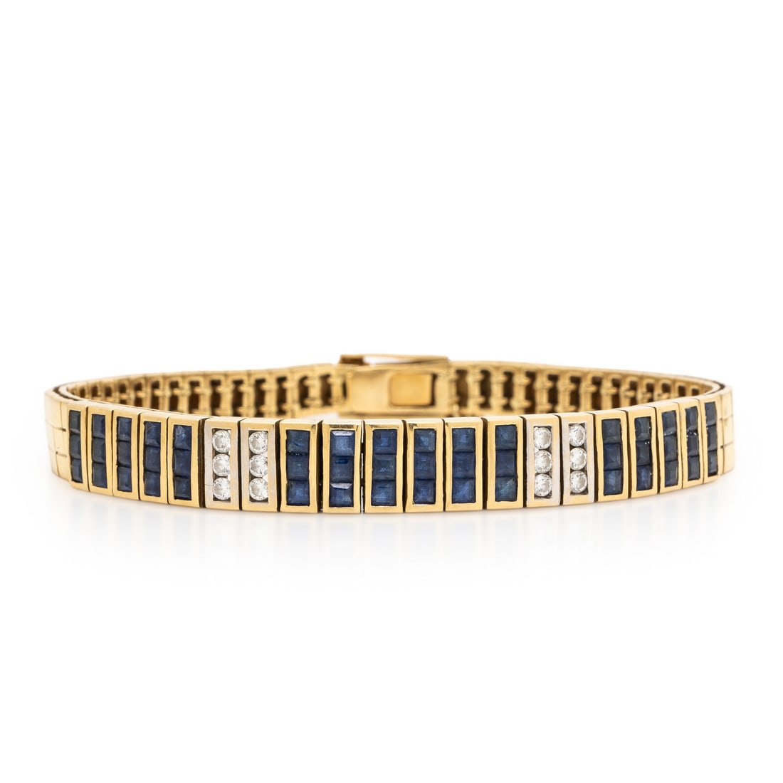Sapphire, Diamond, and Yellow Gold Bracelet: Sapphire, Diamond, and Yellow Gold Bracelet Square sapphires and round diamonds. 18 karat yellow gold. 7 1/4 inches long. Stamp: 18K. Gross weight: 18.70 dwt.