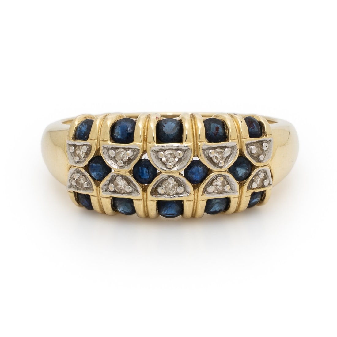 Yellow Gold, Sapphire, and Diamond Ring: Yellow Gold, Sapphire, and Diamond Ring Round sapphires and single cut diamonds. 14 karat yellow gold. Ring size 10. Stamp: 14K (maker's mark) THAILAND. Gross weight: 3.55 dwt.