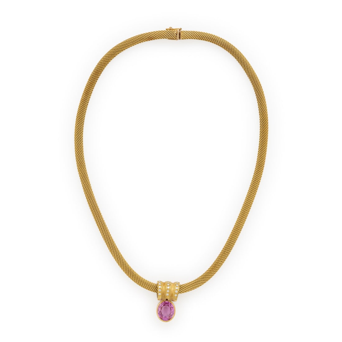 Synthetic Pink Sapphire, Diamond, and Yellow Gold Slide Pendant Necklace: Synthetic Pink Sapphire, Diamond, and Yellow Gold Slide Pendant Necklace Oval synthetic pink sapphire weighing approximately 8.75 carats by formula and round brilliant cut diamonds, on a woven chain.