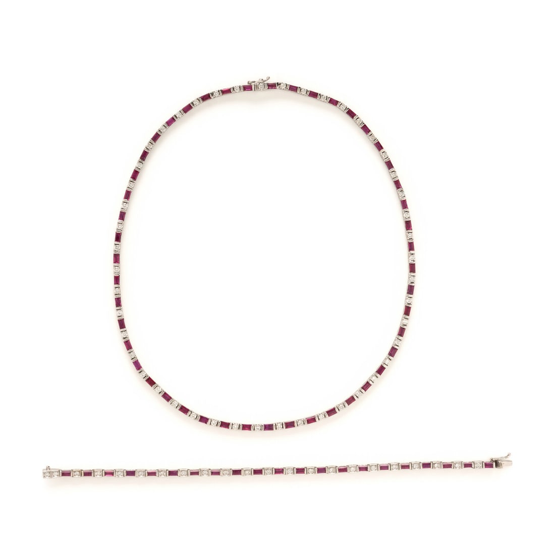 Diamond and Synthetic Ruby White Gold Necklace and Bracelet: Diamond and Synthetic Ruby White Gold Necklace and Bracelet The necklace set with baguette cut synthetic rubies measuring approximately 3.60 x 2.20 mm and round brilliant cut diamonds weighing