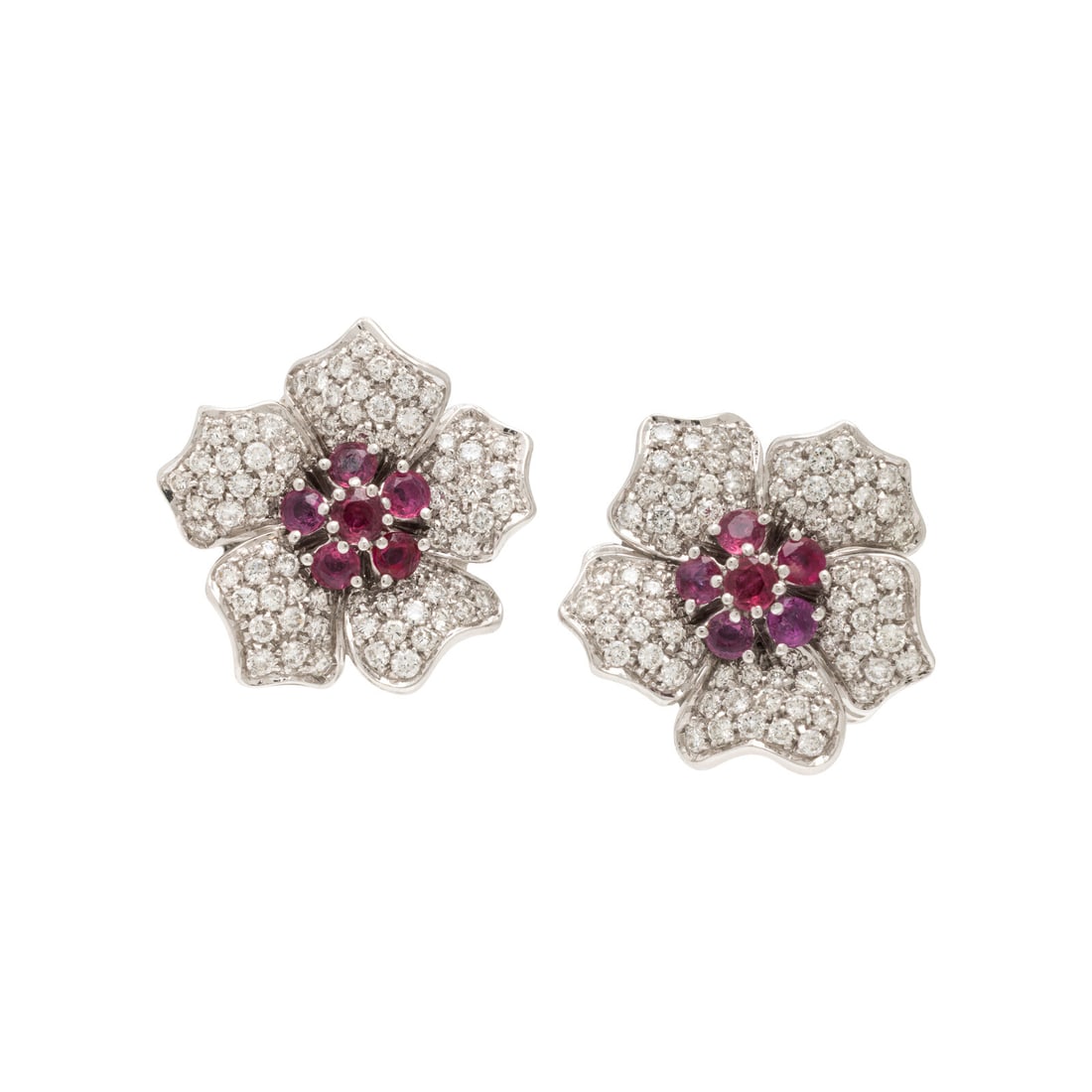Diamond and Ruby Flower Earrings: Diamond and Ruby Flower Earrings Round brilliant cut diamonds weighing approximately 1.70 carats total, and round rubies. 18 karat white gold. 7/8 inch long. Stamp: 750 (Italian workshop mark). Gross 