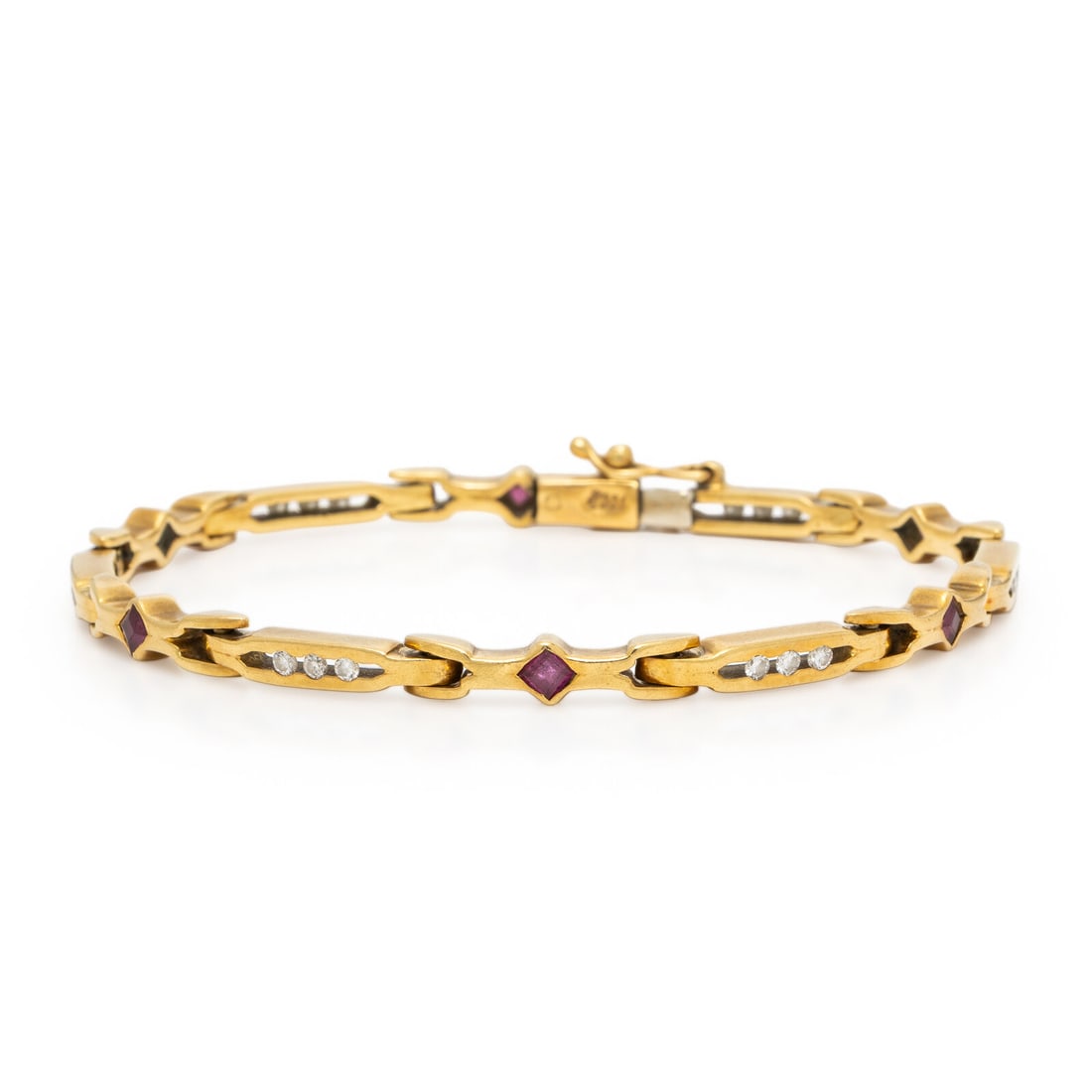 Yellow Gold, Ruby, and Diamond Bracelet: Yellow Gold, Ruby, and Diamond Bracelet Round brilliant cut diamonds weighing approximately 0.40 carat total, and square step cut rubies. 18 karat yellow gold. 7 1/8 inches long. Stamp: 18KP (maker's
