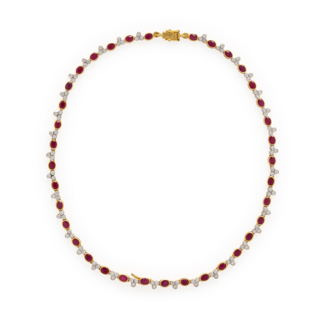 Ruby, Diamond, and Yellow Gold Necklace: Ruby, Diamond, and Yellow Gold Necklace Round brilliant cut diamonds weighing approximately 3.10 carats total, and oval rubies, with a hook for a pendant. Yellow gold. 16 1/8 inches long. Gross
