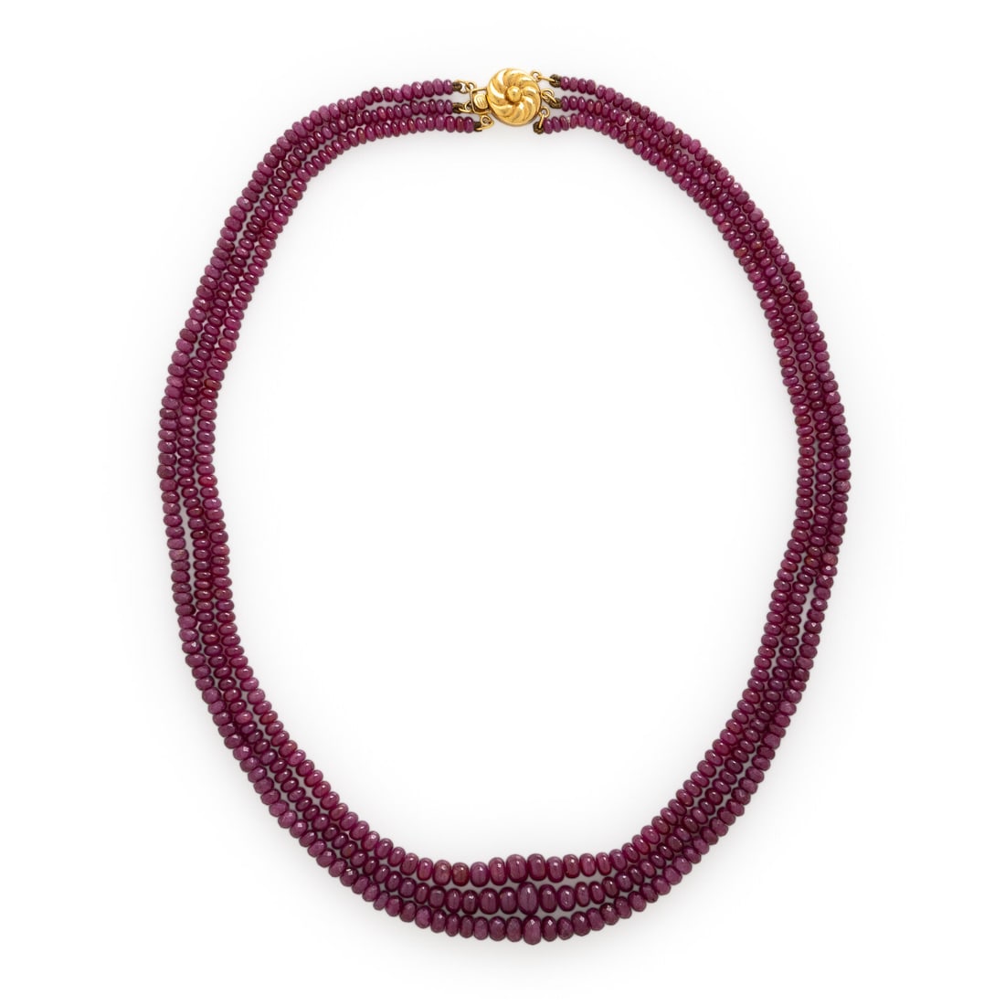 Ruby Bead Necklace: Ruby Bead Necklace Ruby rondelles, some faceted. 14 karat yellow gold. 17 1/2 inches long. Stamp: 14K (maker's mark); Gross weight: 30.60 dwt.