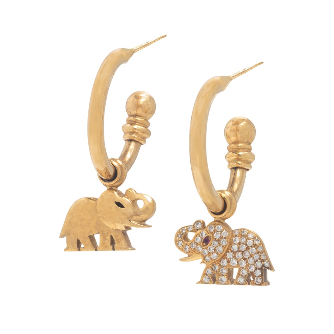Yellow Gold and Diamond Elephant Earrings: Yellow Gold and Diamond Elephant Earrings PavÈ-set round brilliant cut diamonds and a round ruby. 18 karat yellow gold. 1 3/8 inches long. Stamp: (Italian workshop mark) 18Kt 750 (maker's mark).