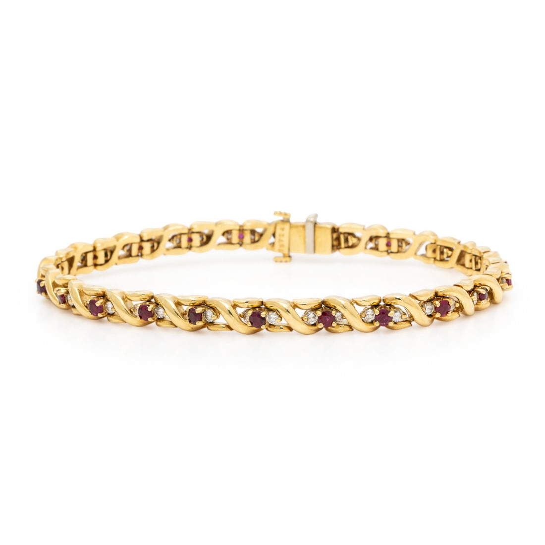 Ruby, Diamond, and Yellow Gold Bracelet: Ruby, Diamond, and Yellow Gold Bracelet Round brilliant cut diamonds weighing approximately 1.40 carats total, and round rubies. Yellow gold. 7 7/8 inches long. Engraved: 55724. Gross weight: 19.15 dw