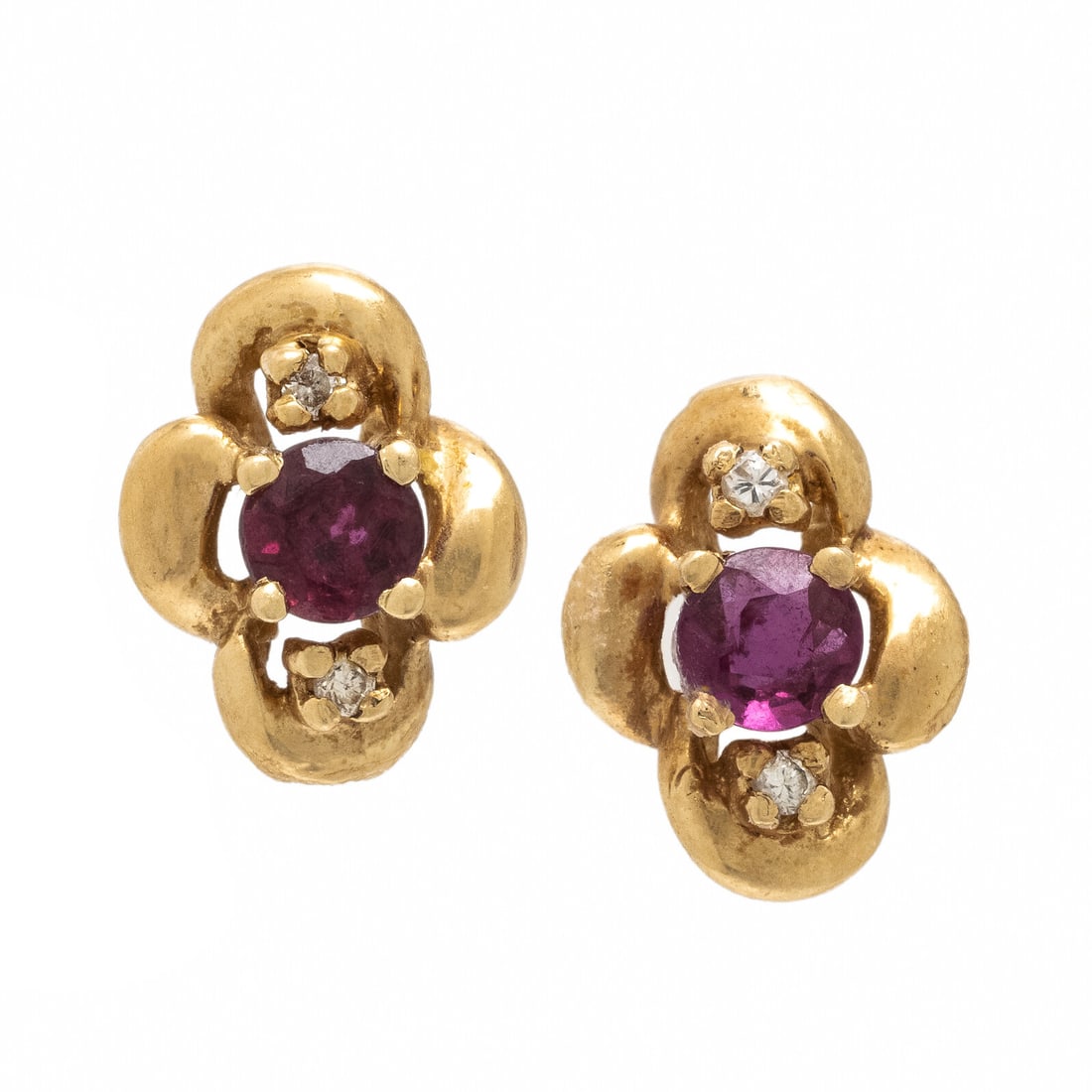 Ruby, Diamond, and Yellow Gold Earrings: Ruby, Diamond, and Yellow Gold Earrings Round rubies weighing approximately 0.75 carats total by formula, and round brilliant cut diamonds. 14 karat yellow gold. 7/16 inch wide. Stamp: 14KT. Gross