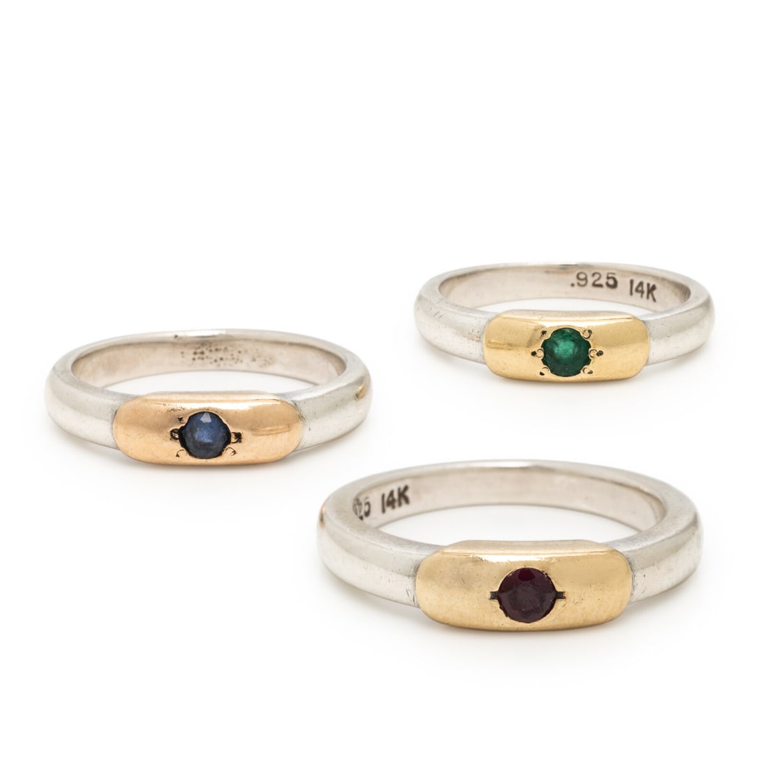 Collection of Three Sterling Silver, Yellow Gold, and Gemstone Rings (1 of 3)