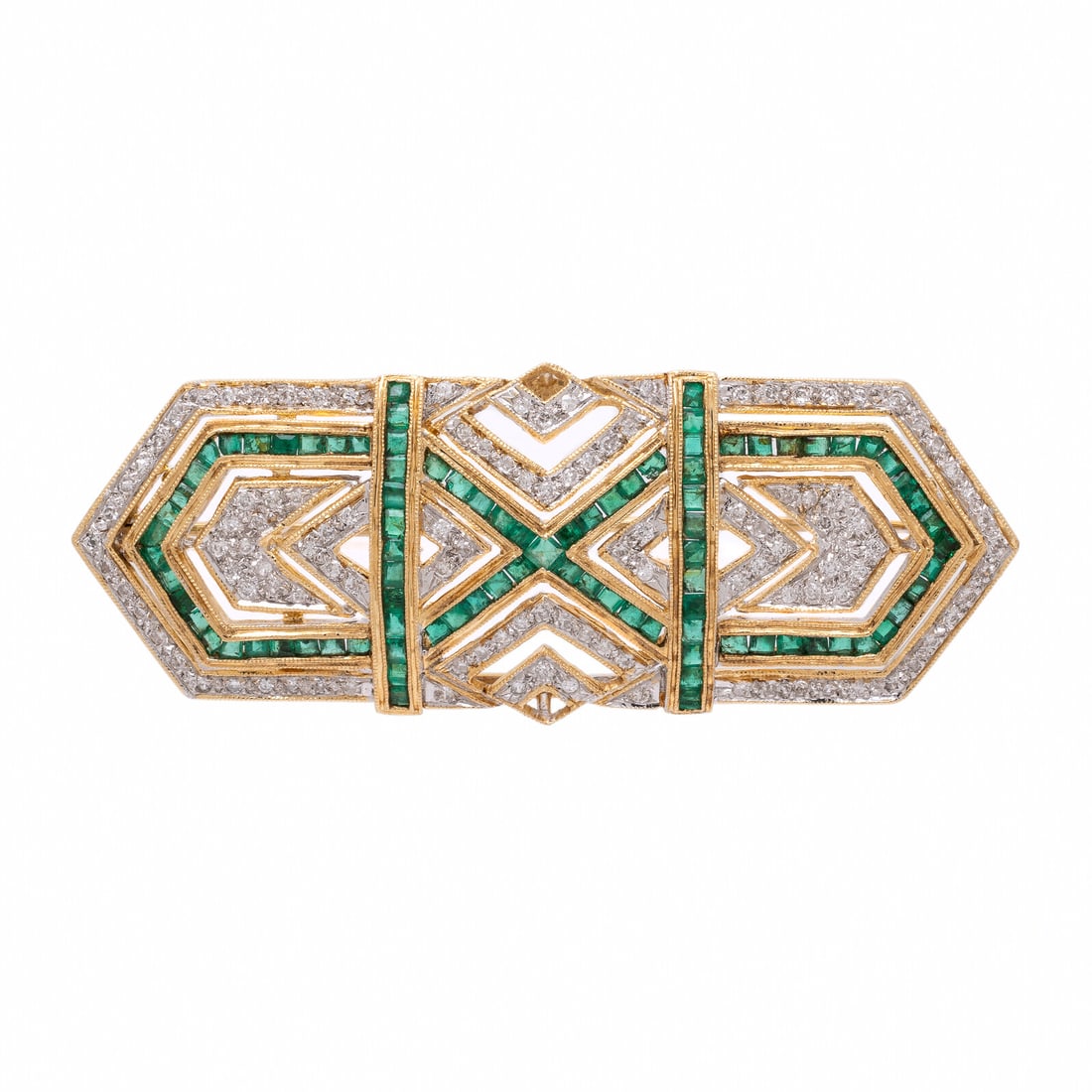Emerald, Diamond, and Yellow Gold Brooch: Emerald, Diamond, and Yellow Gold Brooch Round brilliant cut diamonds weighing approximately 0.55 carat total, and square step cut emeralds. 14 karat yellow gold. 2 1/4 inches x 7/8 inch. Stamp: 585.