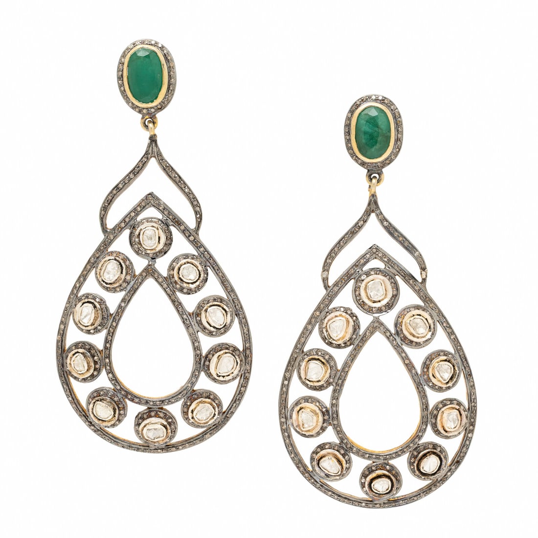 Diamond and Emerald Earrings: Diamond and Emerald Earrings Oval emeralds weighing approximately 2.55 carats total by formula, single cut diamonds weighing approximately 0.85 carat total, and polki cut diamonds. Sterling silver and