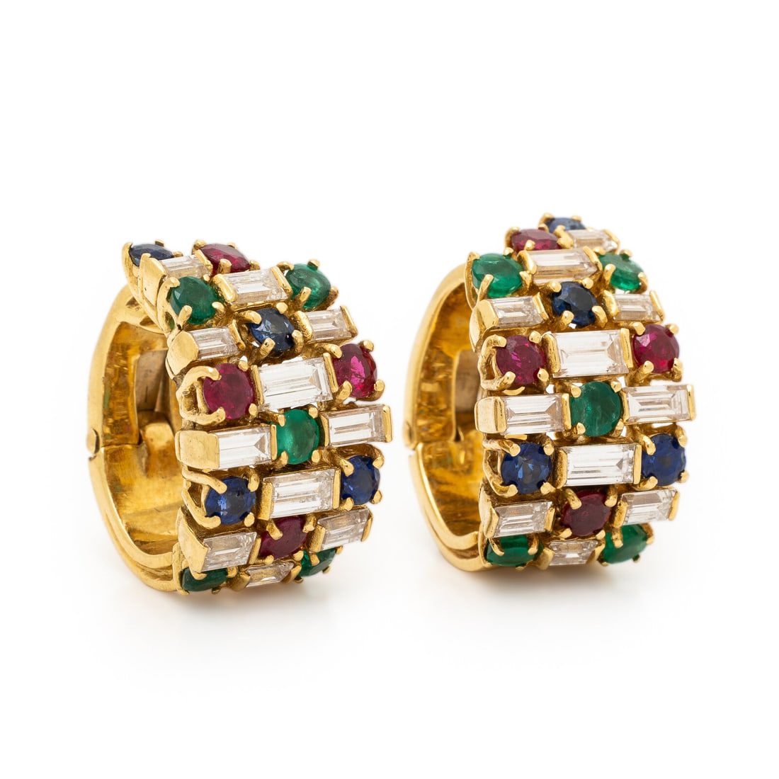 Multigem and Yellow Gold Hoop Earrings: Multigem and Yellow Gold Hoop Earrings Baguette cut diamonds weighing approximately 2.55 carats total, and round emeralds, sapphires, and rubies. 18 karat yellow gold. 3/4 inch long. Stamp: (partially