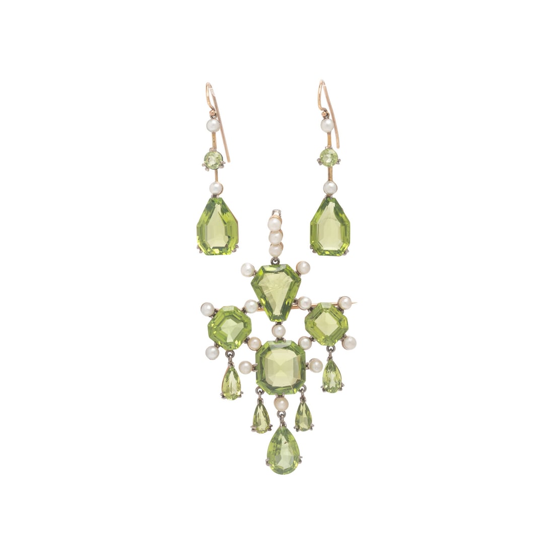 Antique, Peridot, Seed Pearl, and Rose Gold Demi-Parure: Antique, Peridot, Seed Pearl, and Rose Gold Demi-Parure The pendant brooch set with variously cut peridot and seed pearls, and the earrings set with round and modified pear shape step cut peridot and 