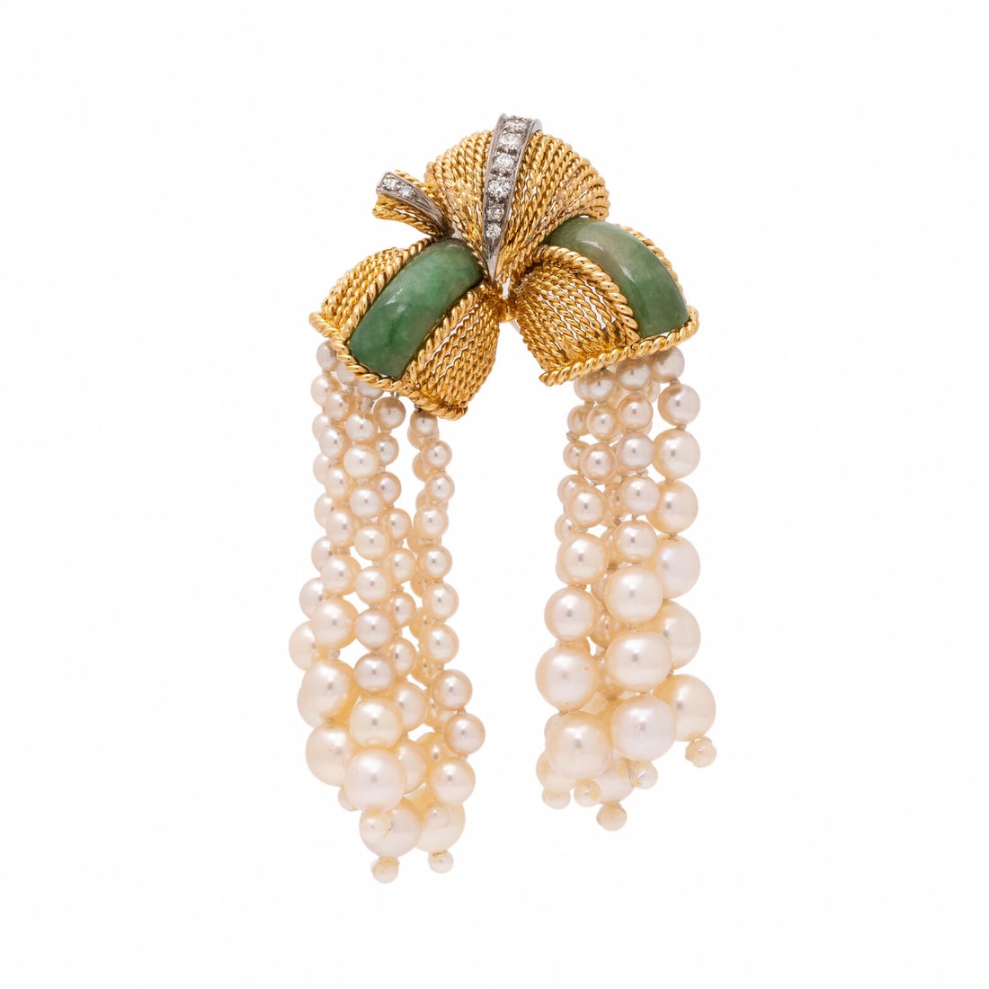 Jade, Diamond, and Cultured Pearl Brooch: Jade, Diamond, and Cultured Pearl Brooch Carved jade plaques measuring approximately 14.84 x 5.65 mm, single and round brilliant cut diamonds weighing approximately 0.30 carat total, and tassels with 