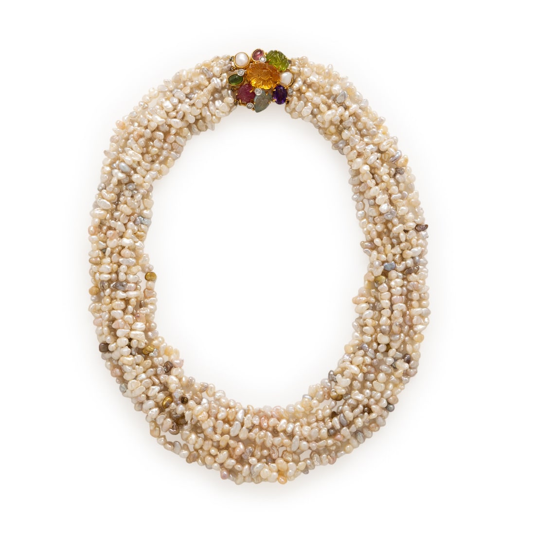 Multistrand Keshi Pearl, Yellow Gold, and Multigem Convertible Necklace: Multistrand Keshi Pearl, Yellow Gold, and Multigem Convertible Necklace Ten strands of keshi pearls measuring approximately 3.40 x 3.00 x 2.40 mm - 6.90 x 4.50 x 2.90 mm, removable from the clasp broo