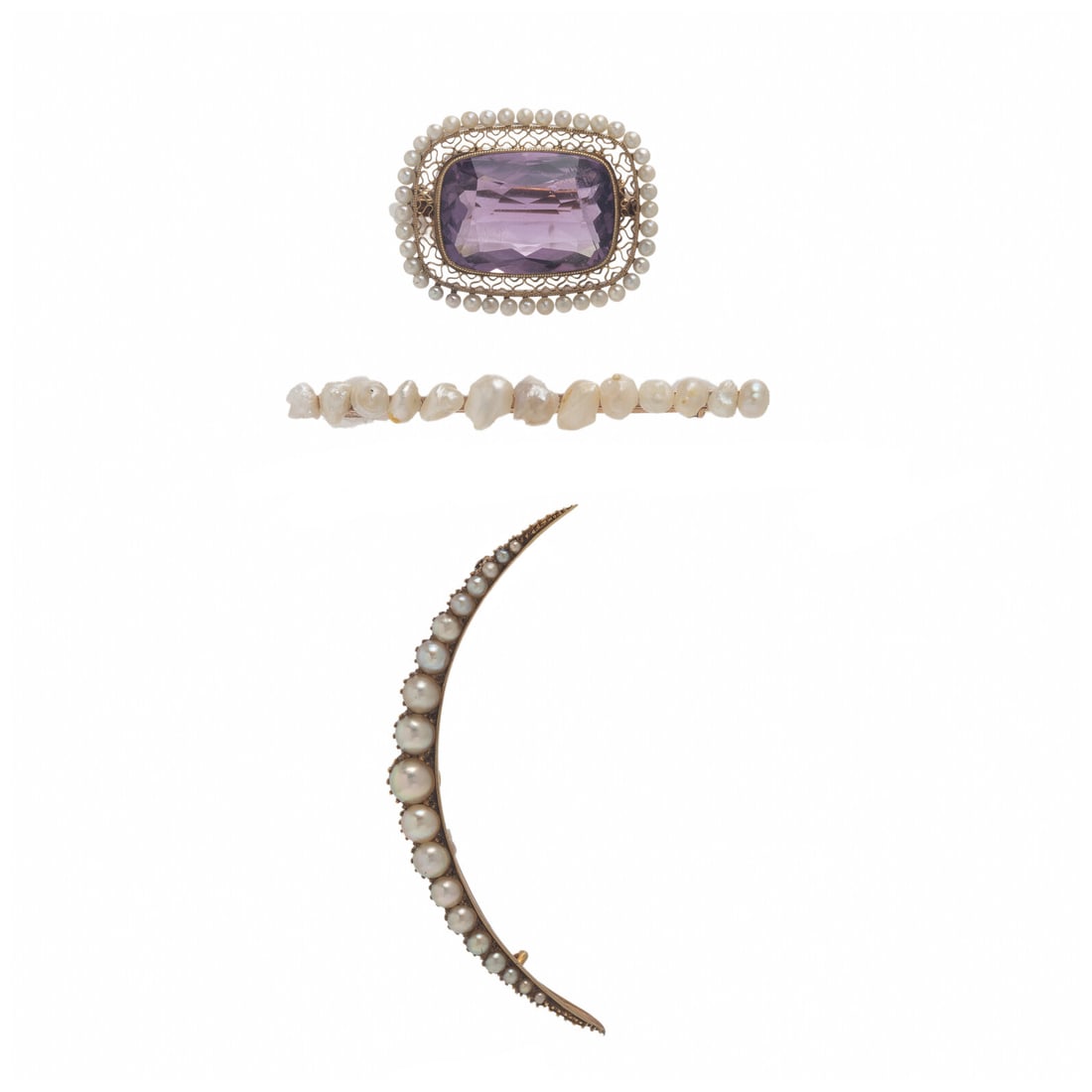Antique, Collection of Seed Pearl Brooches: Antique, Collection of Seed Pearl Brooches Including one crescent moon brooch pendant set with seed pearls, one brooch set with seed pearls and a cushion cut amethyst weighing approximately 10.15 cara