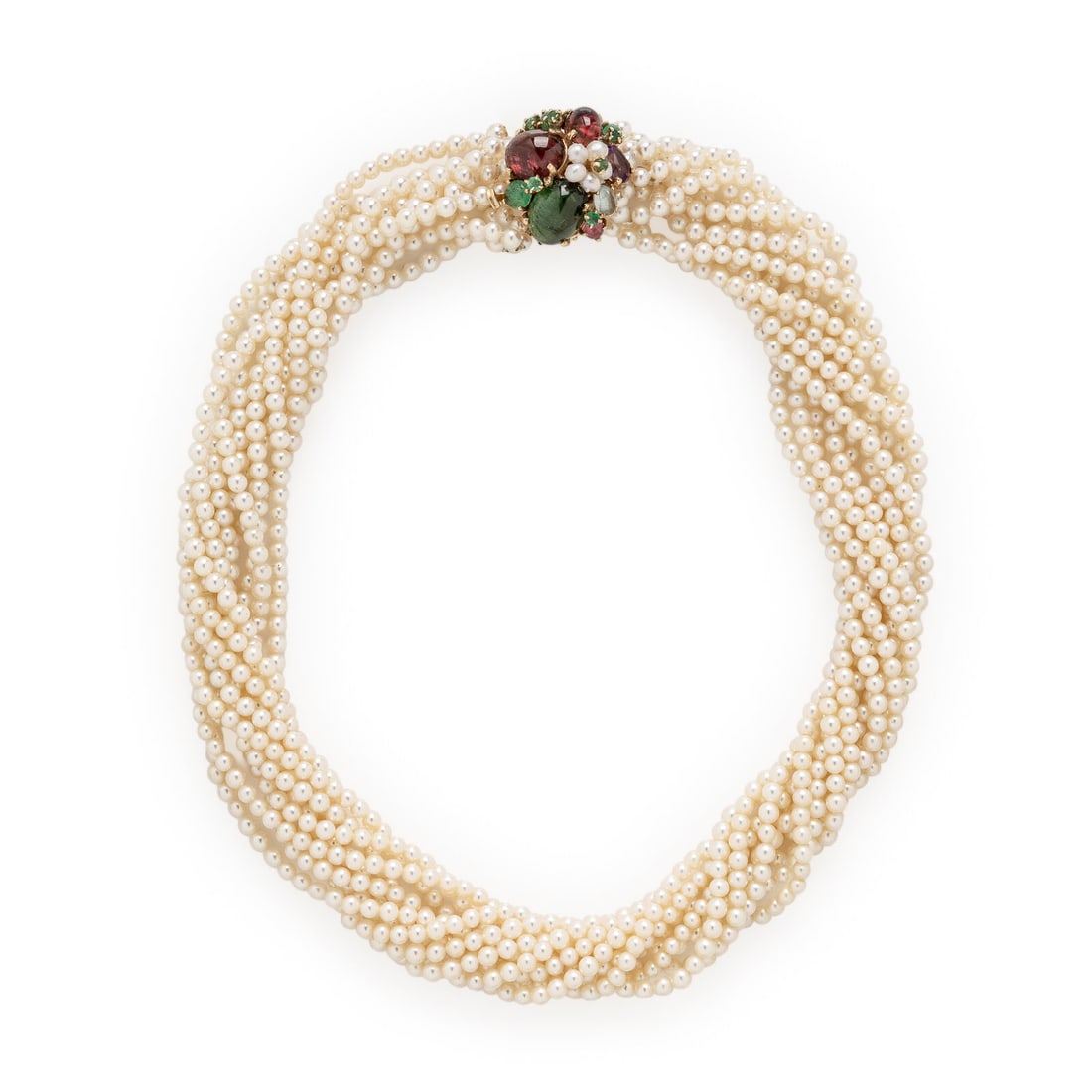 Cultured Pearl Torsade and Multigem Necklace: Cultured Pearl Torsade and Multigem Necklace Ten strands of cultured pearls measuring approximately 3.60 - 3.80 mm, and the clasp set with oval cabochon aquamarine and green tourmaline, oval and round