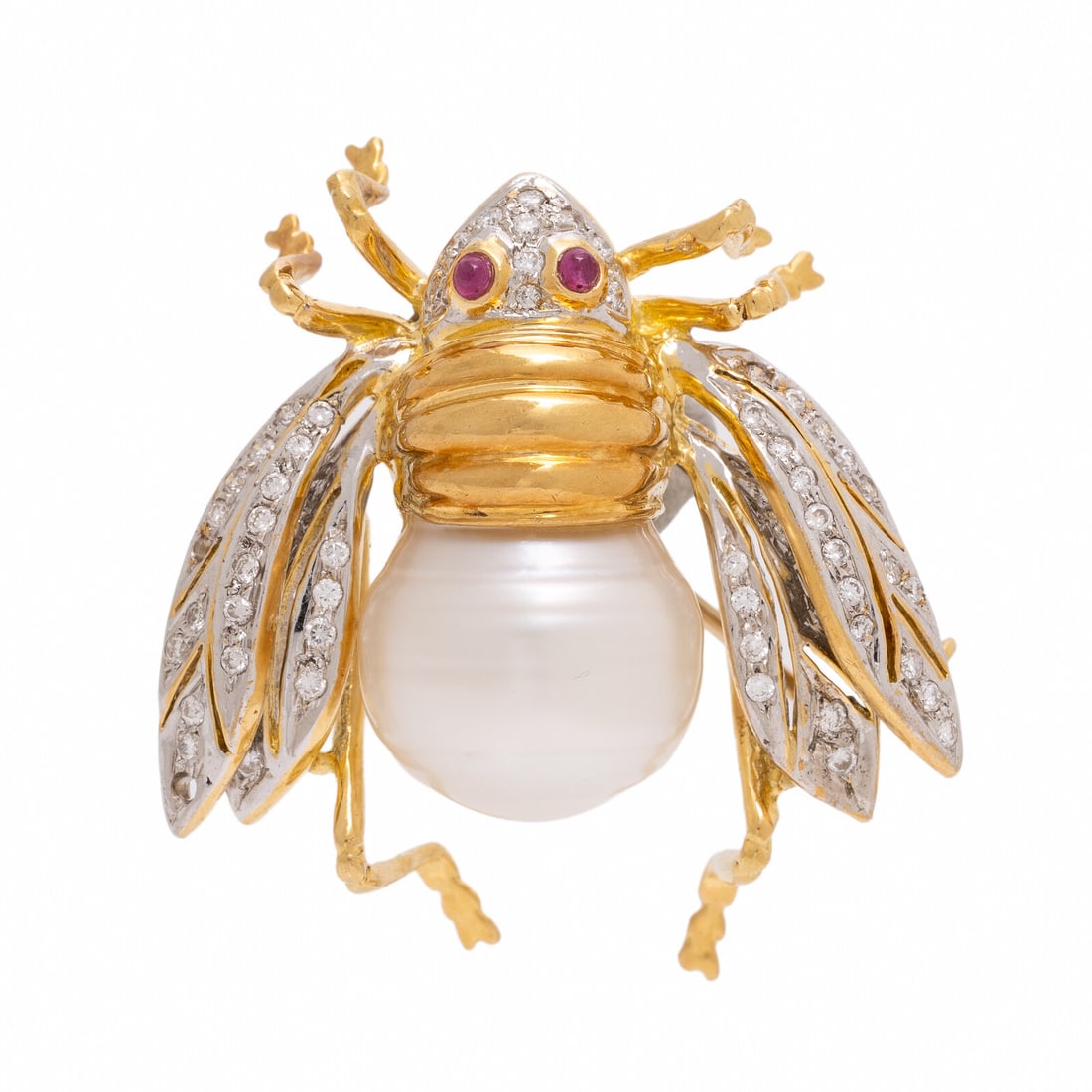 Alopa, Baroque Cultured Pearl, Diamond, and Yellow Gold Bee Brooch: Alopa, Baroque Cultured Pearl, Diamond, and Yellow Gold Bee Brooch Baroque cultured pearl measuring approximately 14.00 mm, round brilliant cut diamonds weighing approximately 0.40 carat total, and ro