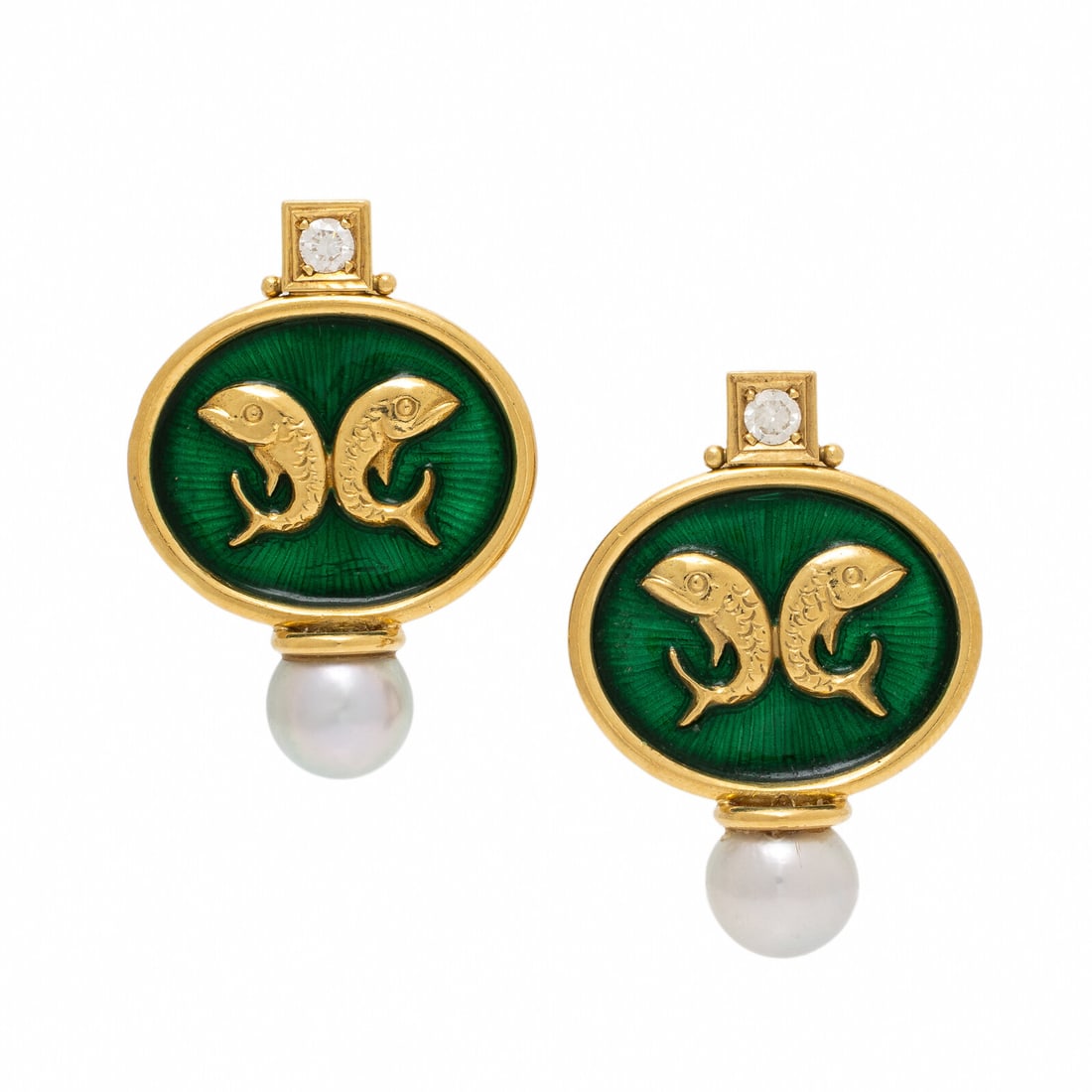Elizabeth Gage, Enamel, Pearl, and Diamond Earrings: Elizabeth Gage, Enamel, Pearl, and Diamond Earrings Green enamel, cultured pearls measuring approximately 8.15 mm, and round brilliant cut diamonds weighing approximately 0.15 carat total. 18 karat ye