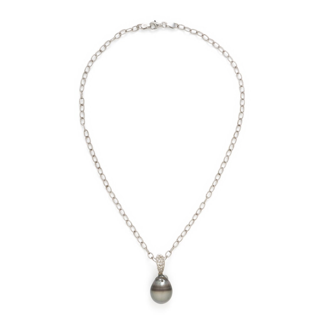 Cultured Gray Pearl, Diamond, and Platinum Pendant with Sterling Silver Chain: Cultured Gray Pearl, Diamond, and Platinum Pendant with Sterling Silver Chain Baroque cultured gray pearl measuring approximately 19.15 x 14.60 mm (origin of color not tested), and round diamonds. Pla