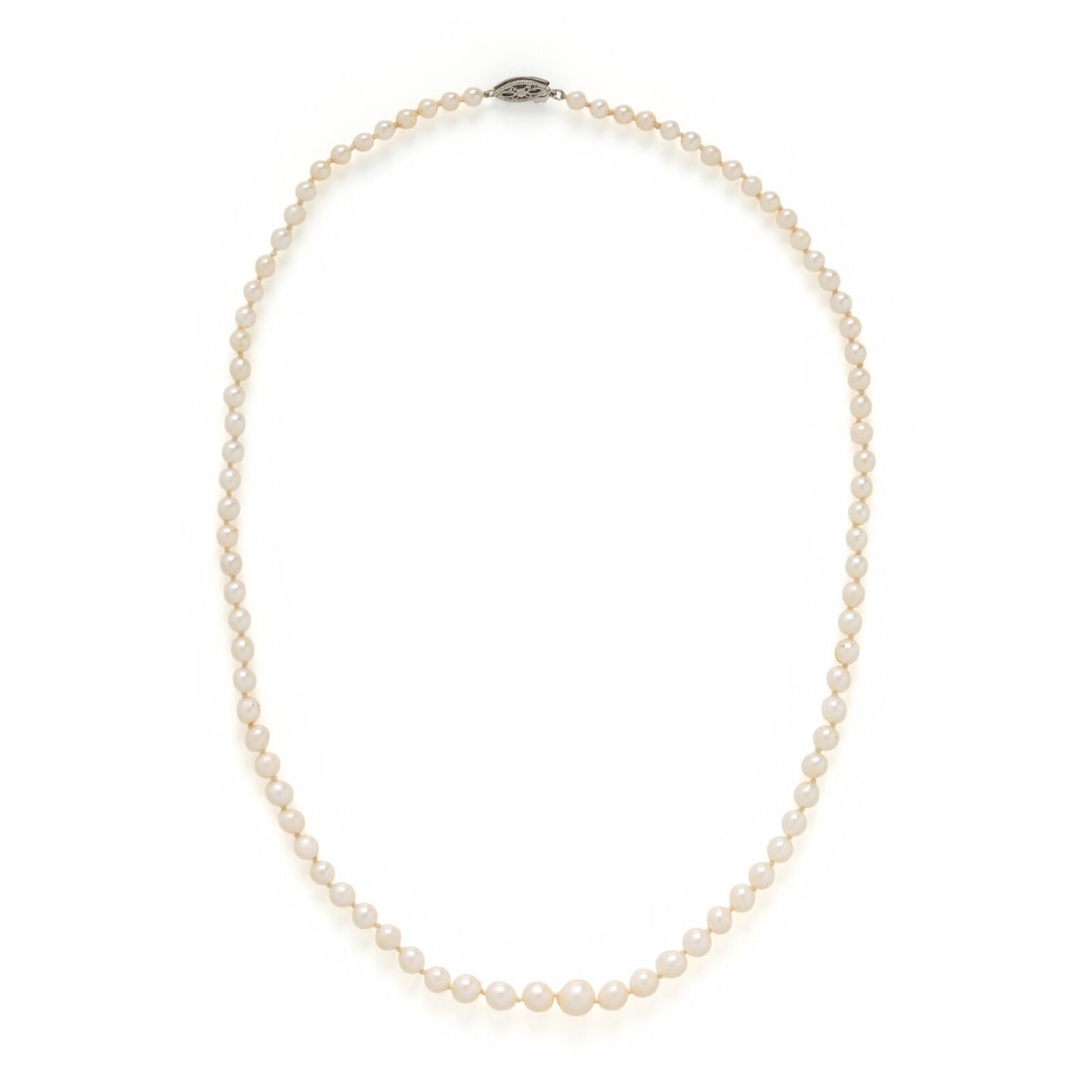 Cultured Pearl Necklace: Cultured Pearl Necklace Cultured pearls measuring approximately 3.60 - 6.90 mm. 10 karat white gold. 18 1/4 inches long. Stamp: 10K. Gross weight: 7.75 dwt.