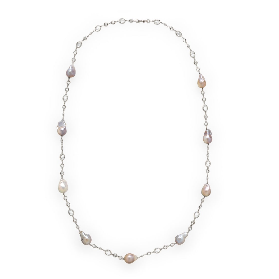 Baroque Cultured Pearl, White Topaz, and White Gold Station Necklace: Baroque Cultured Pearl, White Topaz, and White Gold Station Necklace Baroque cultured pearls (origin of color not tested) measuring approximately 18.25 - 20.50 mm, and round and oval checkerboard face
