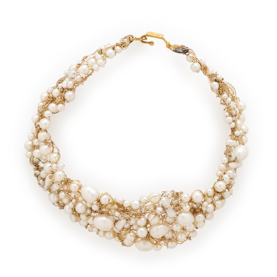 Nikki Feldbaum, Cultured Pearl and Yellow Gold Wire Collar Necklace: Nikki Feldbaum, Cultured Pearl and Yellow Gold Wire Collar Necklace Cultured pearls, baroque cultured pearls, and keshi pearls. 14 karat yellow gold. 12 3/4 inches inner circumference. Clasp stamp: Ni