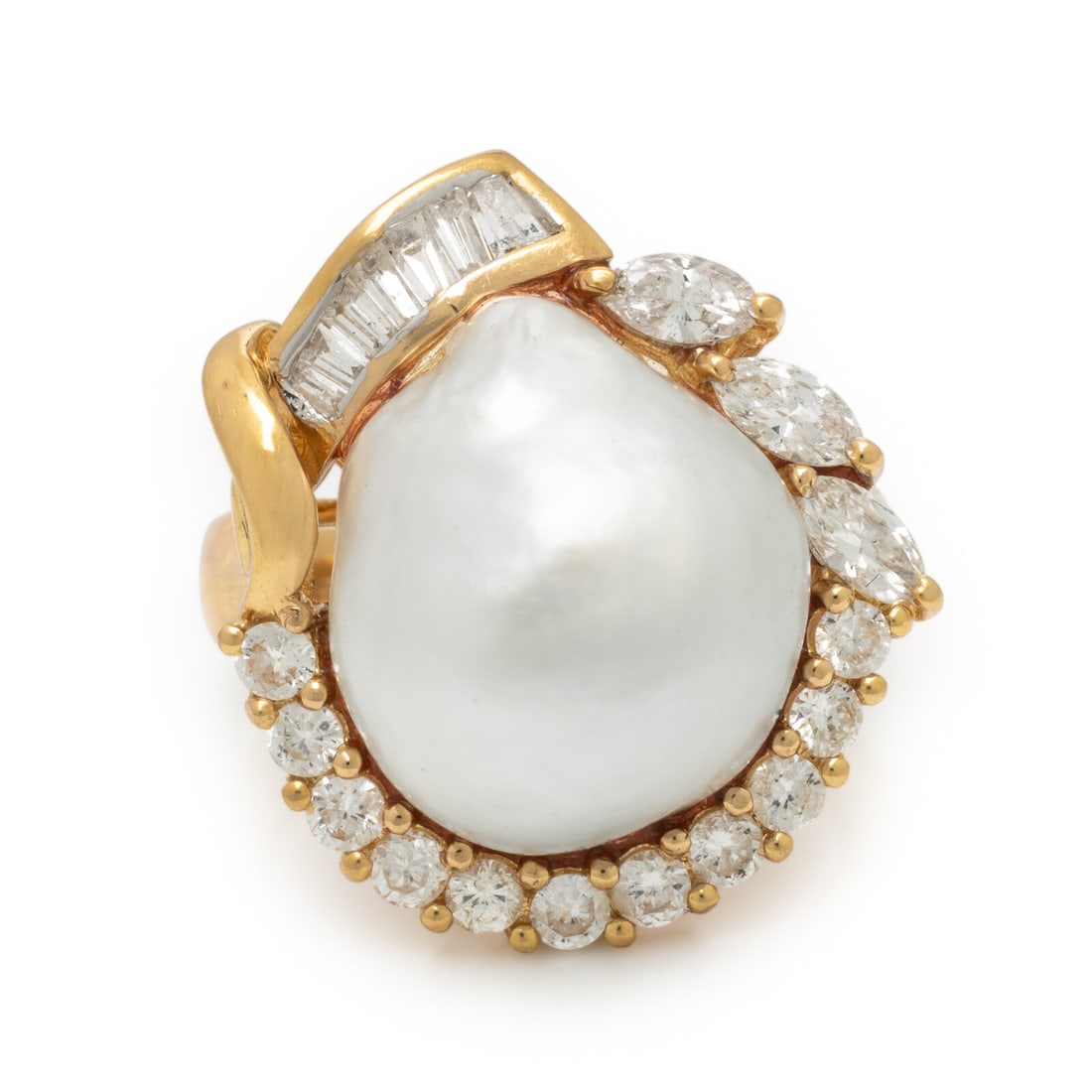 Cultured Pearl, Diamond, and Yellow Gold Ring: Cultured Pearl, Diamond, and Yellow Gold Ring Baroque cultured pearl measuring approximately 14.25 x 12.50 mm, and round, baguette, and marquise cut diamonds weighing approximately 1.15 carats total. 