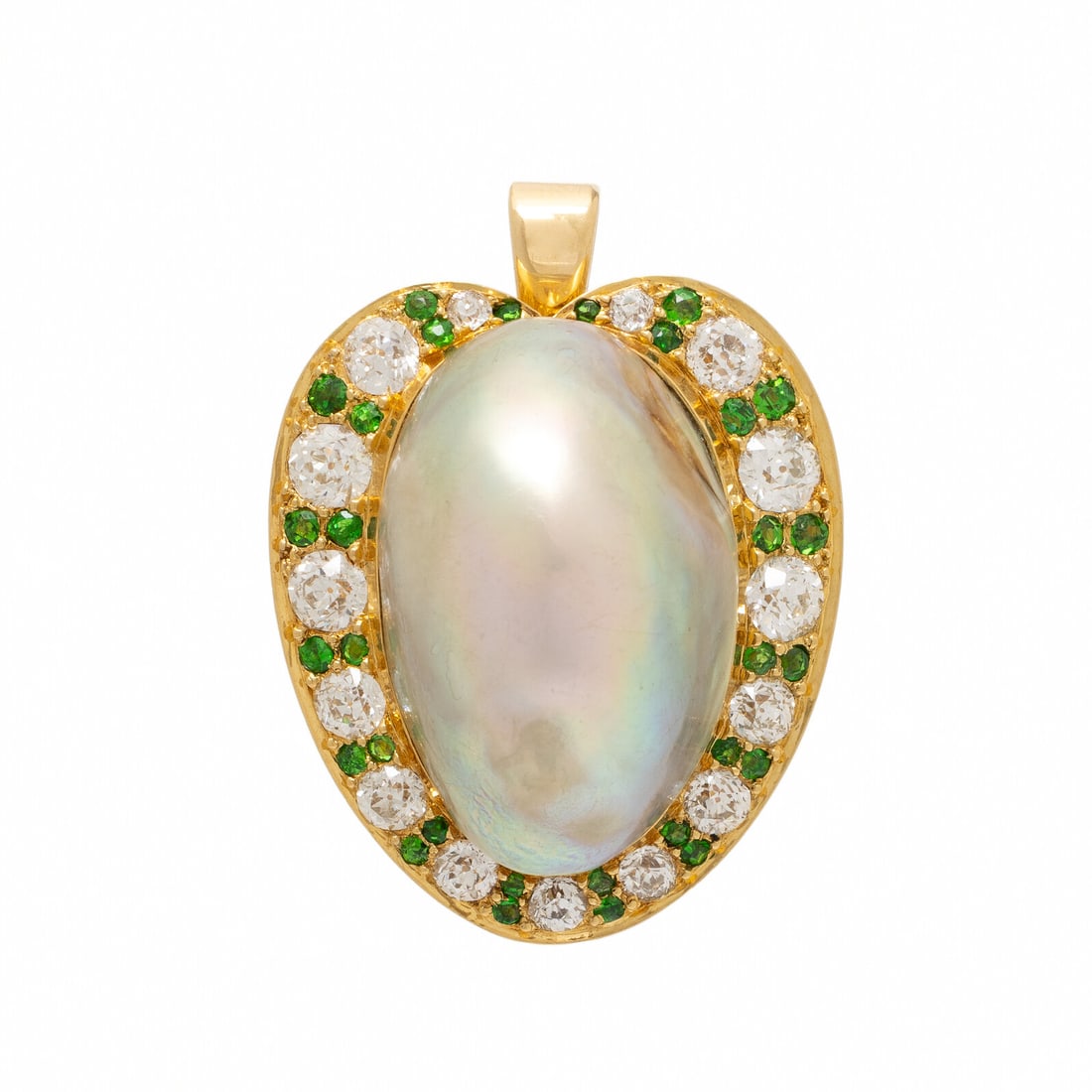 MabÈ Pearl, Tsavorite Garnet, Diamond, and Yellow Gold Pendant Brooch: MabÈ Pearl, Tsavorite Garnet, Diamond, and Yellow Gold Pendant Brooch Old European cut diamonds weighing approximately 1.95 carats total, round demantoid garnet, and a baroque pearl measuring app