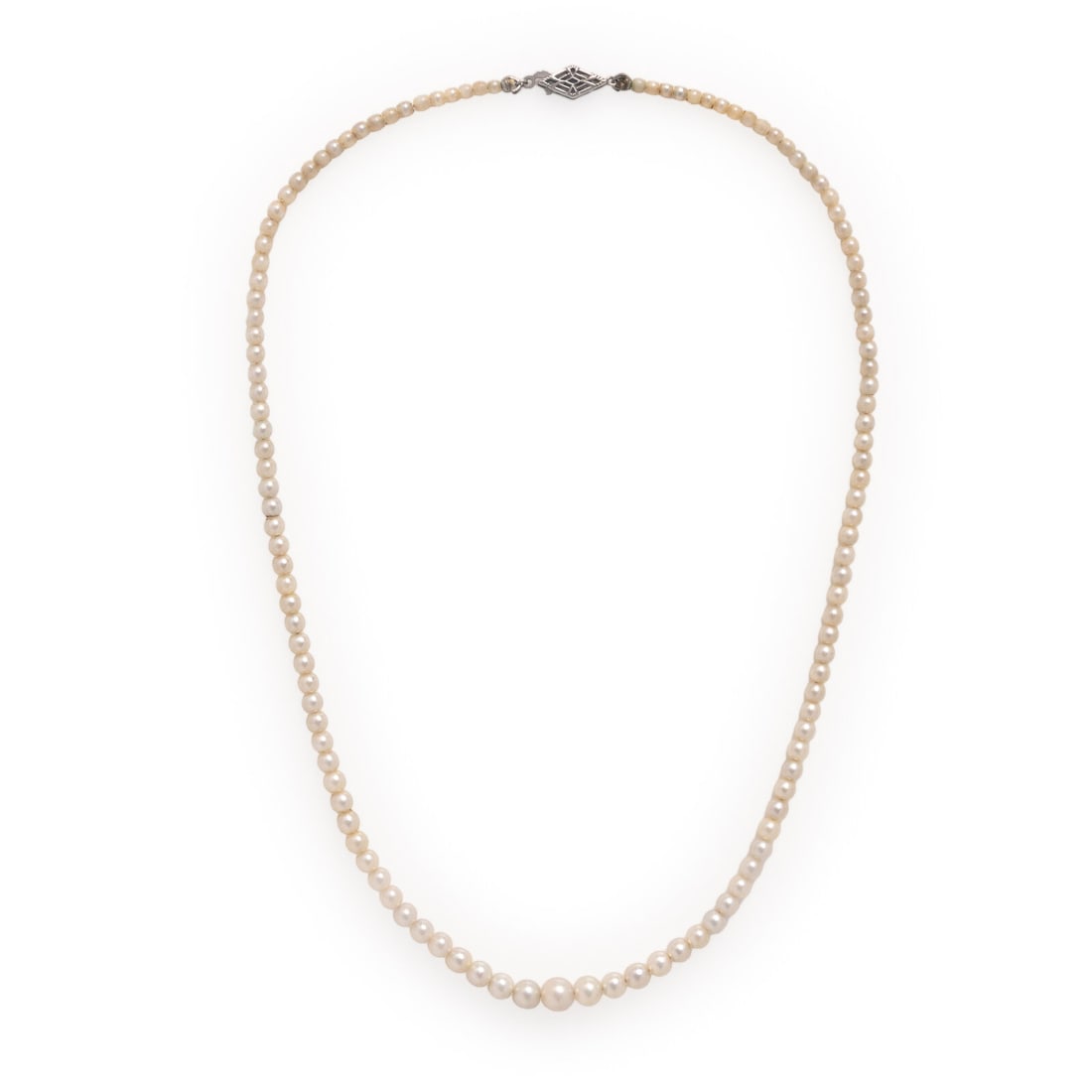 Cultured Pearl and Low Karat White Gold Necklace: Cultured Pearl and Low Karat White Gold Necklace Cultured pearls measuring approximately 2.30 - 5.40 mm. Low karat white gold. 16 inches long. Stamp: 10K. Gross weight: 4.35 dwt.