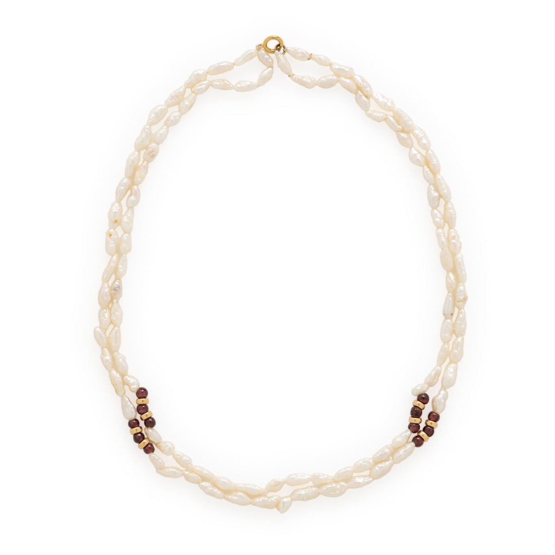 Keshi Pearl and Pink Tourmaline Necklace: Keshi Pearl and Pink Tourmaline Necklace Two strands of keshi pearls measuring approximately 7.00 - 9.50 mm, and pink tourmaline beads measuring approximately 4.00 mm. 14 karat yellow gold. 17 inches 