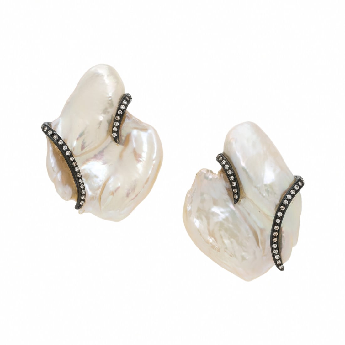 Gioia, Baroque Cultured Pearl, Diamond, and Blackened Gold Earrings: Gioia, Baroque Cultured Pearl, Diamond, and Blackened Gold Earrings Baroque cultured pearls measuring approximately 32.00 x 24.00 x 5.50 mm and 33.00 x 24.00 x 6.50 mm, and round brilliant cut diamond