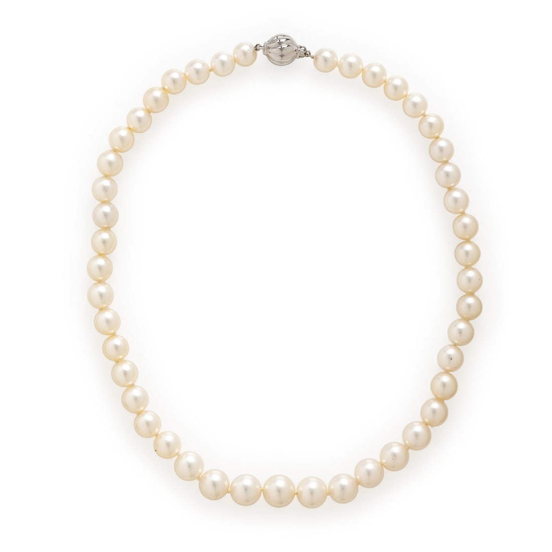 Cultured Pearl Necklace: Cultured Pearl Necklace Cultured pearls measuring approximately 8.25 - 10.85 mm. 14 karat white gold. 17 inches long. Stamp: 14K. Gross weight: 33.60 dwt. Jewels from a Distinguished Saint Louis Colle