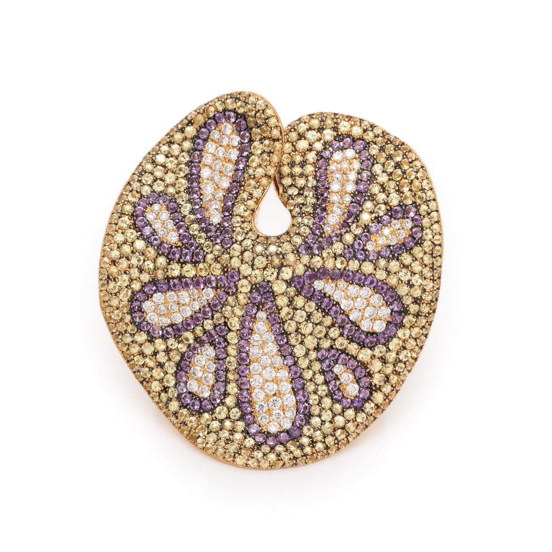 Multigem and Rose Gold Lily Pad Ring: Multigem and Rose Gold Lily Pad Ring PavÈ-set round diamonds weighing approximately 0.45 carat total, round yellow sapphires, and round amethysts. 18 karat rose gold. Ring size 6. Stamp: 750 No 0